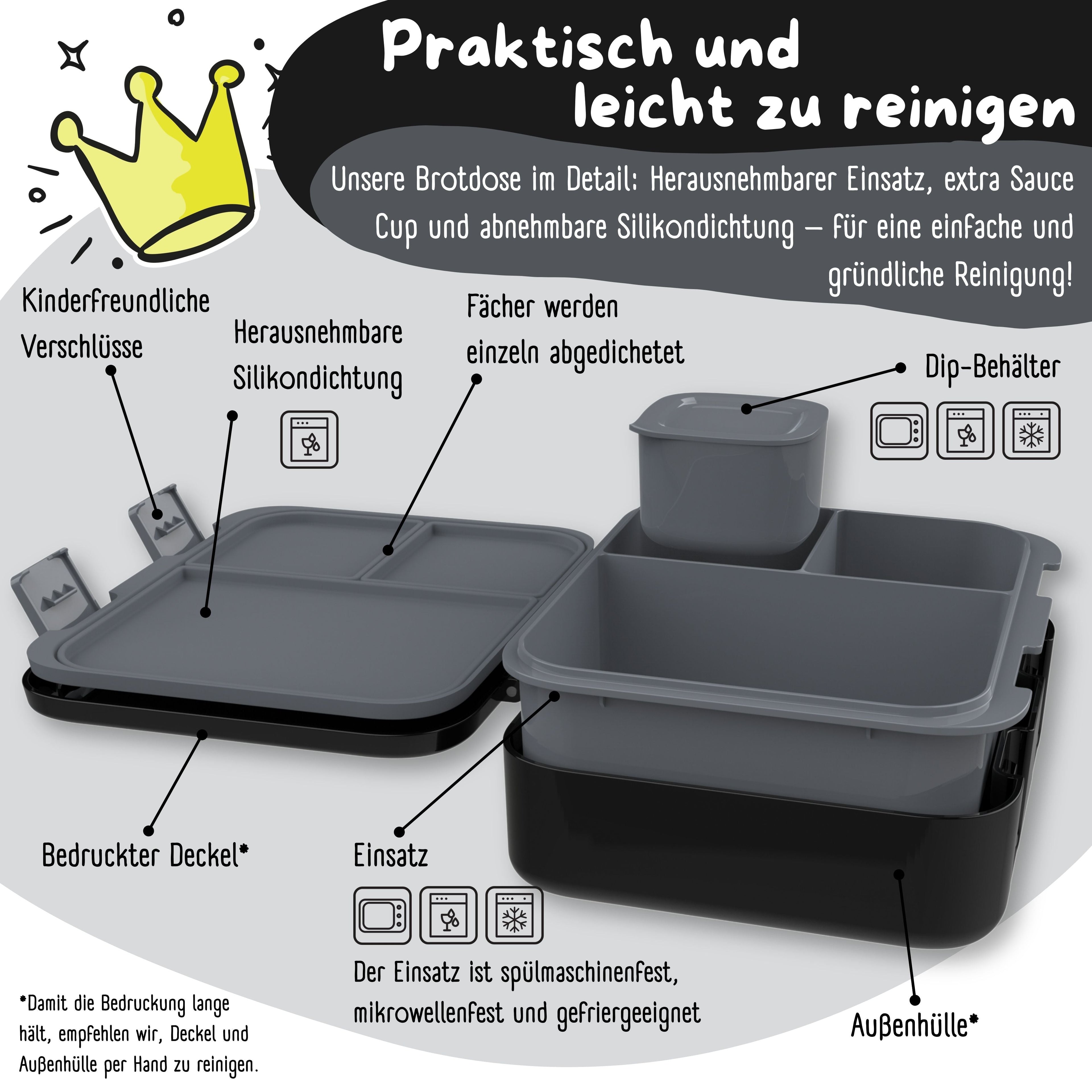 Brotdose mit Fächern, leicht & auslaufsicher - Dinos schwarz