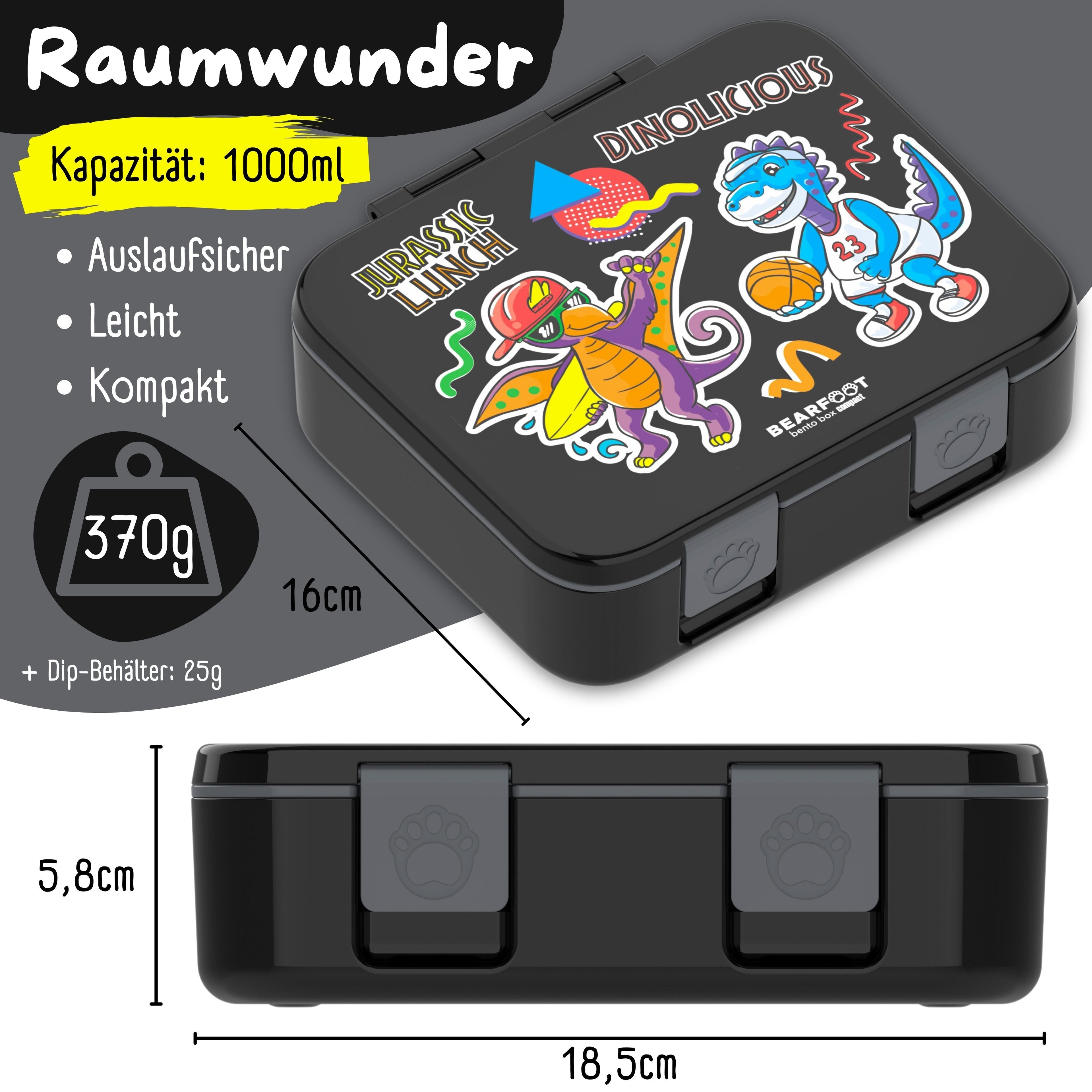 Brotdose mit Fächern, leicht & auslaufsicher - Dinos schwarz