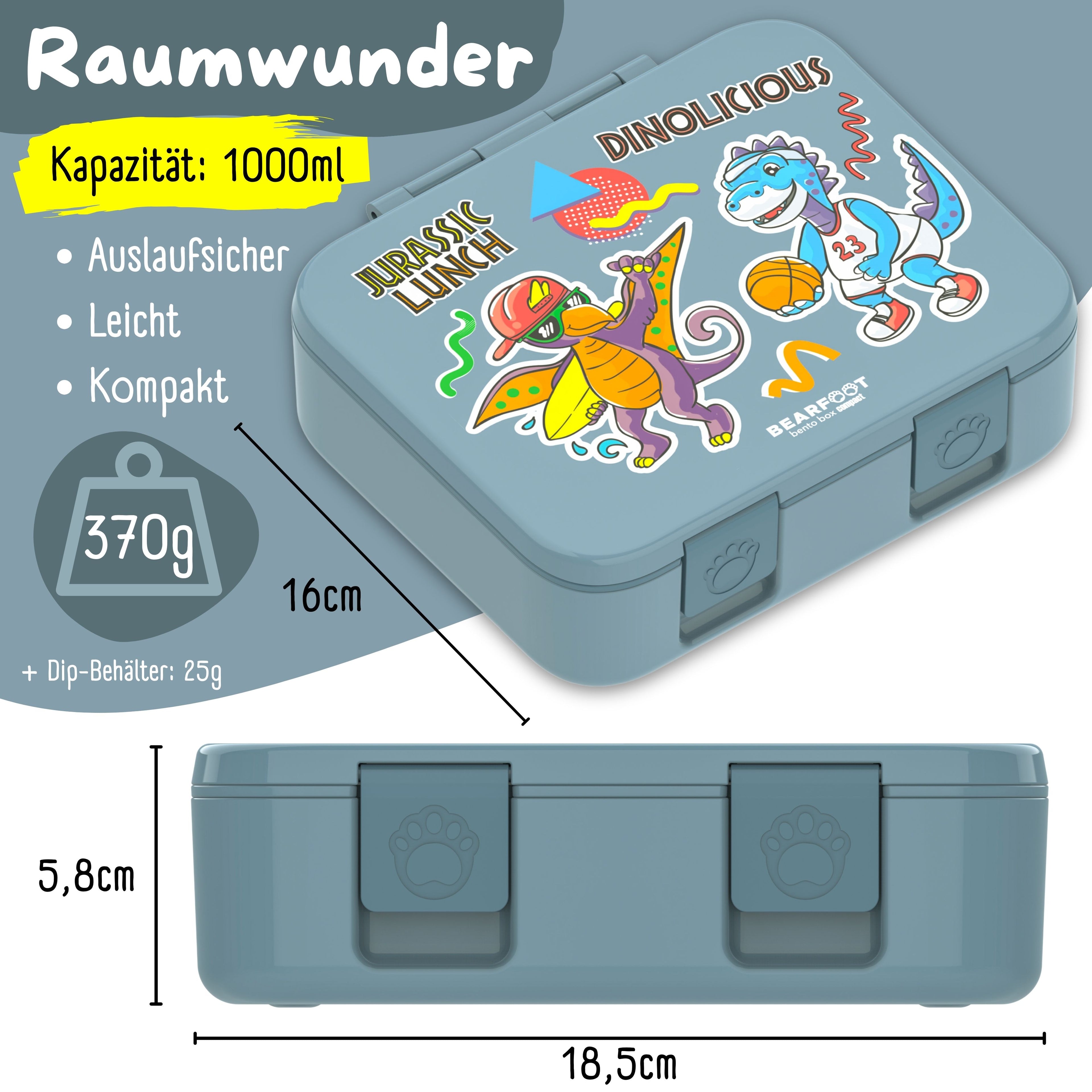 Brotdose mit Fächern, leicht & auslaufsicher - Dinos blau