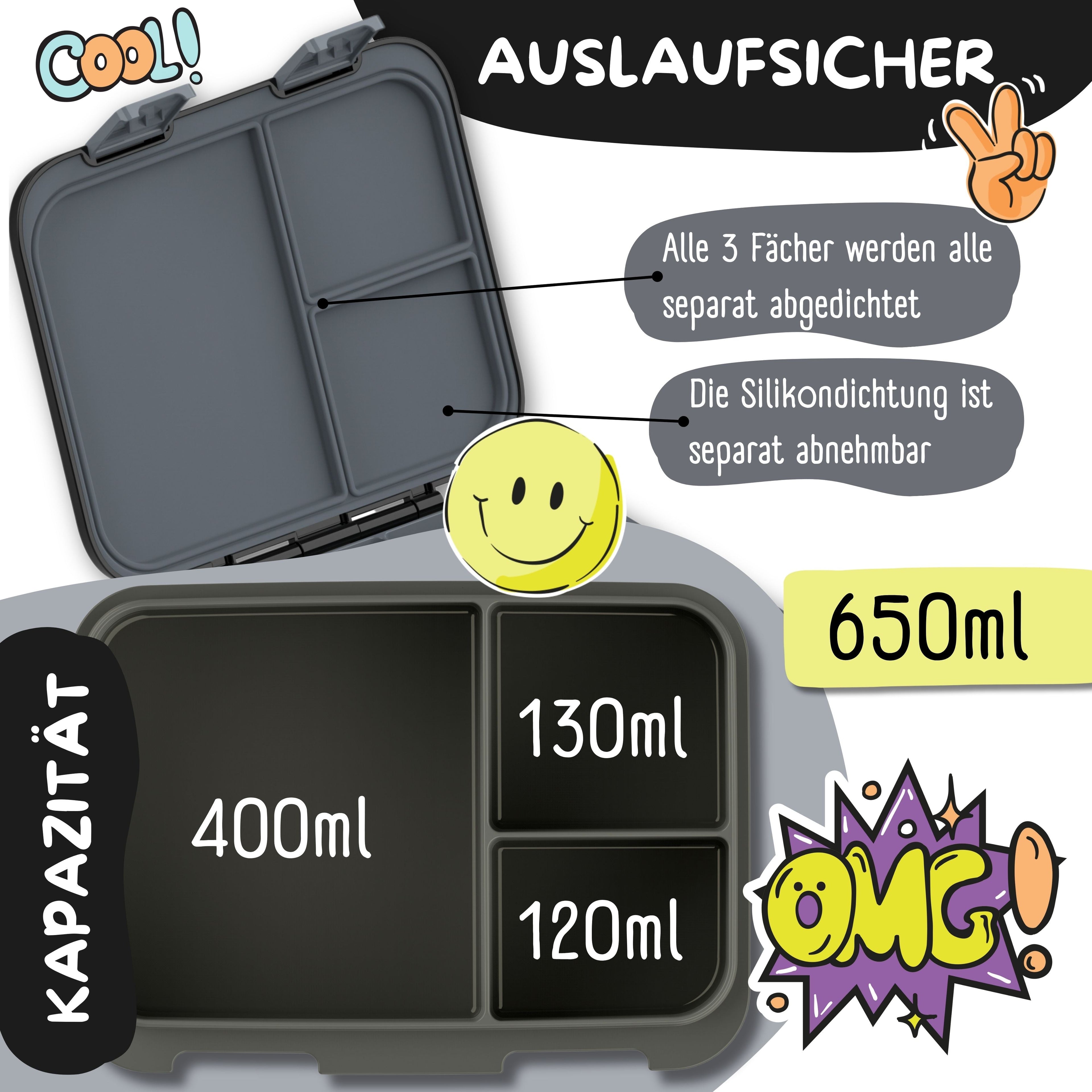 Brotdose mit Fächern, leicht & auslaufsicher - Sticker schwarz