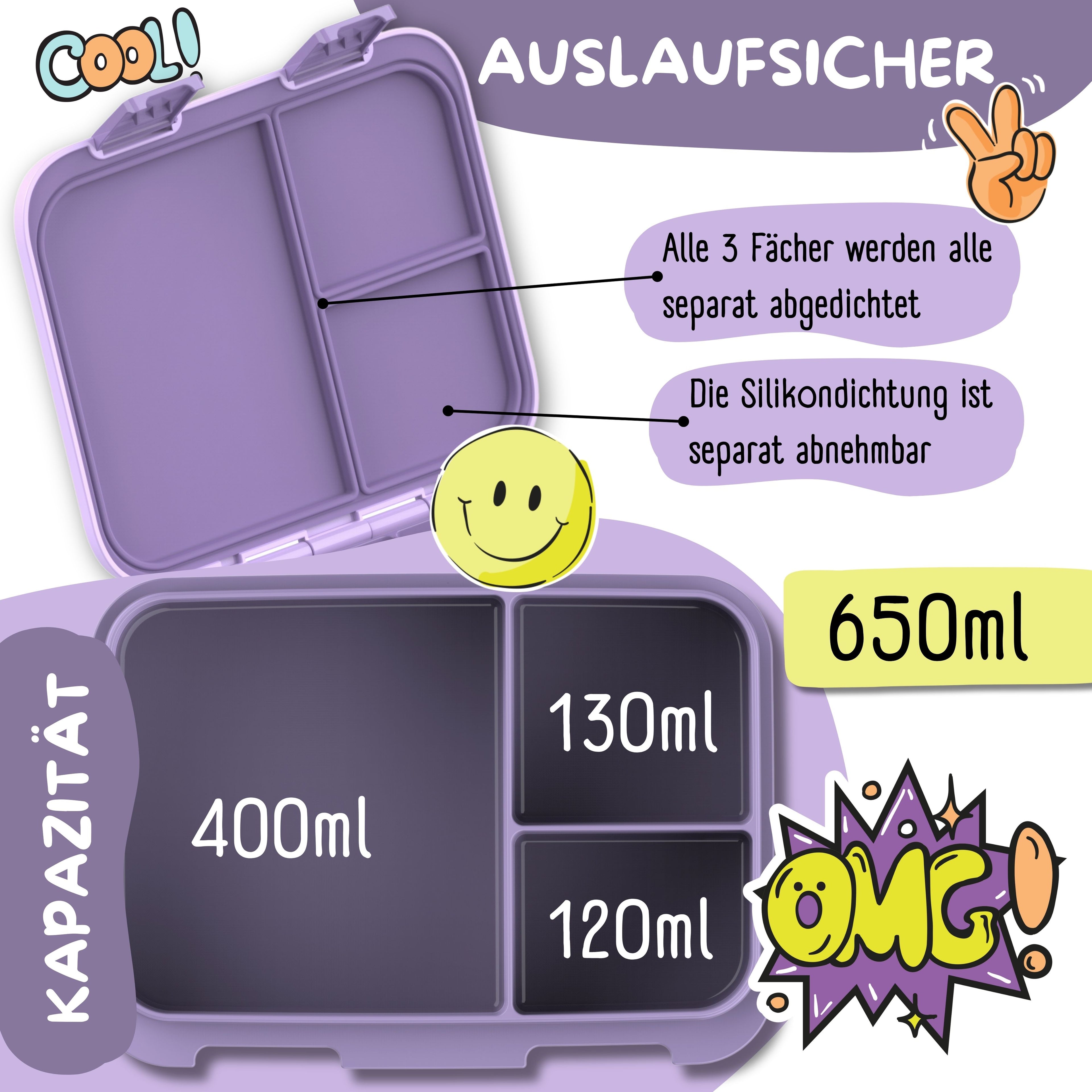 Brotdose mit Fächern, leicht & auslaufsicher - Lama lila