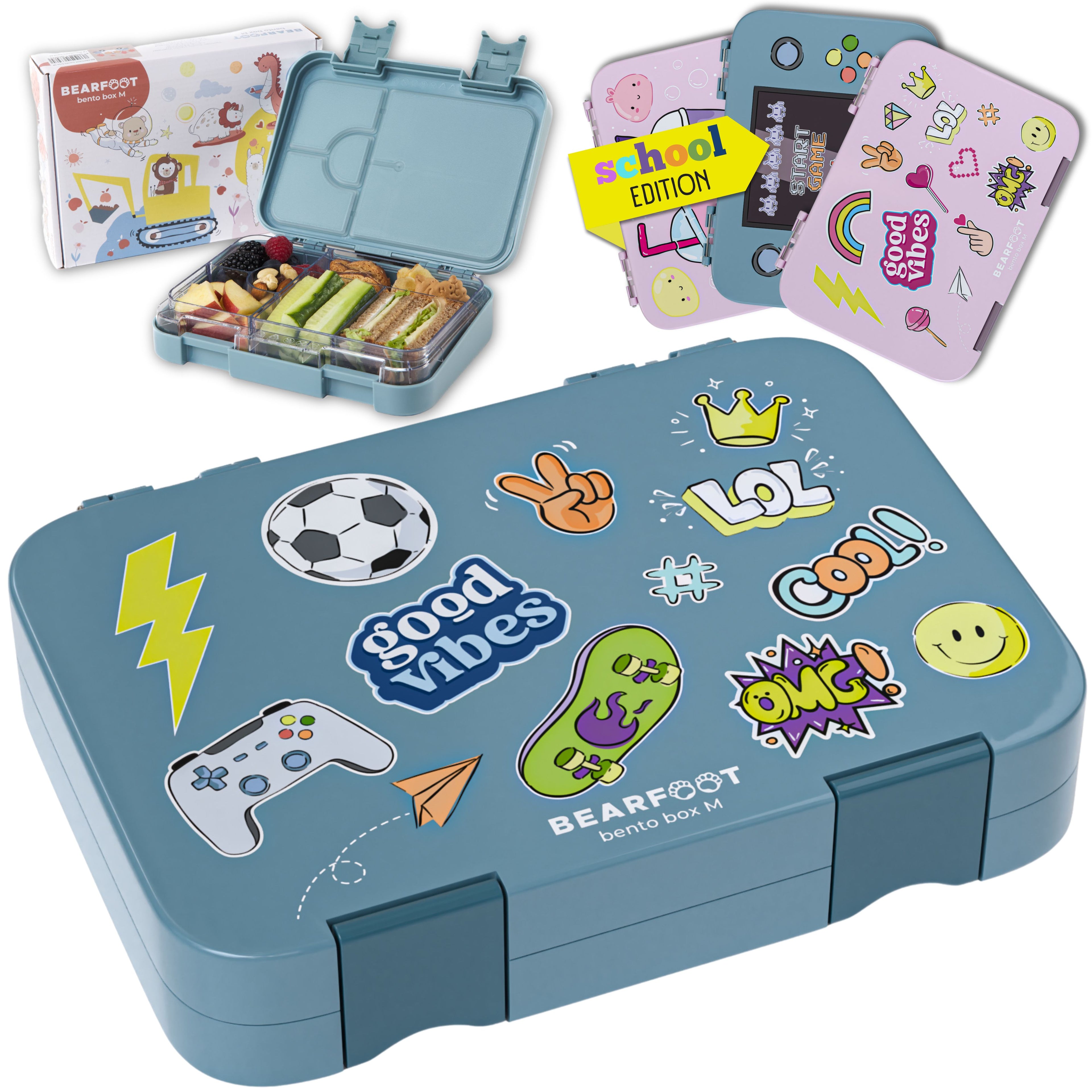 Brotdose Kinder mit Fächern, Lunchbox - Sticker, blau