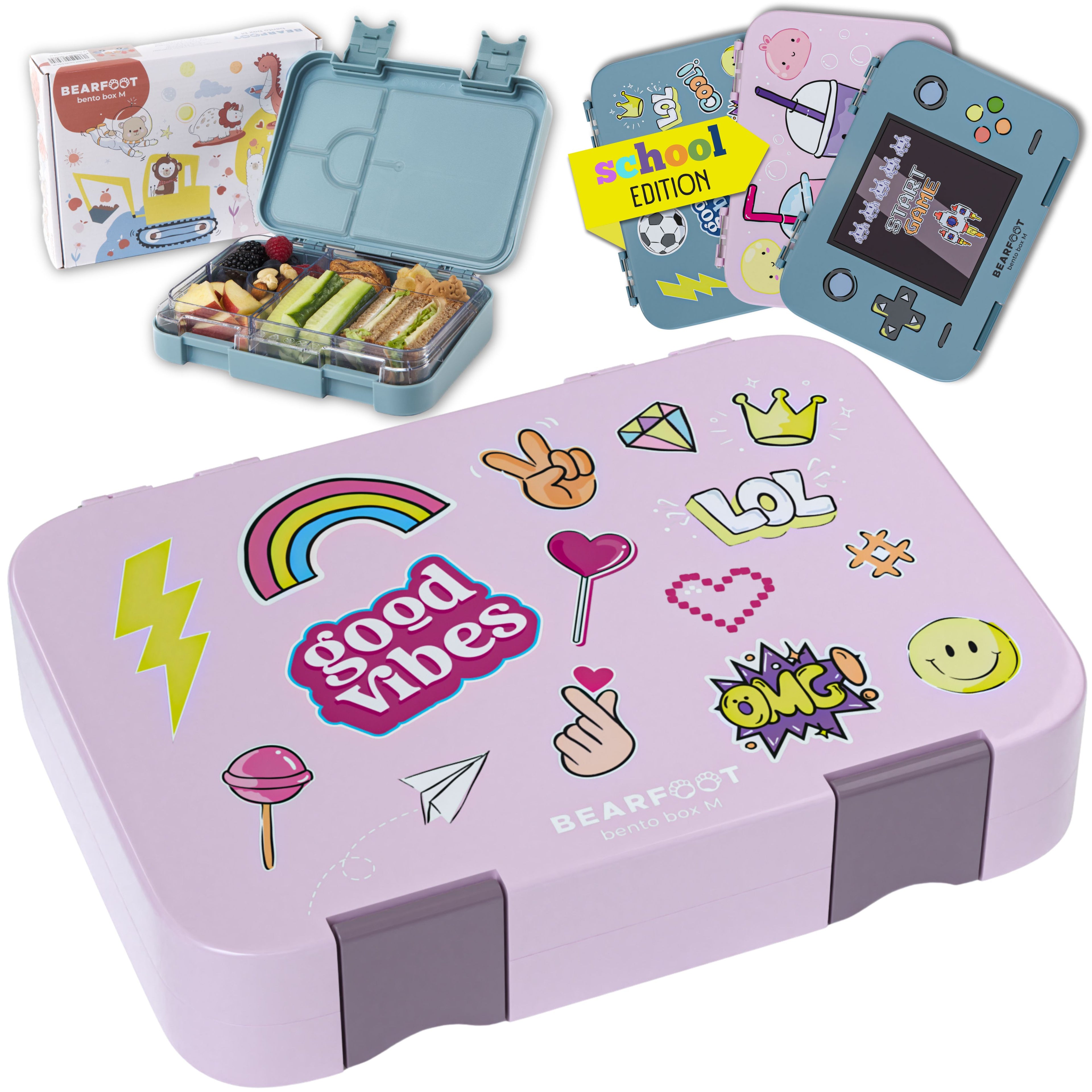 Brotdose Kinder mit Fächern, Lunchbox - Sticker Lila