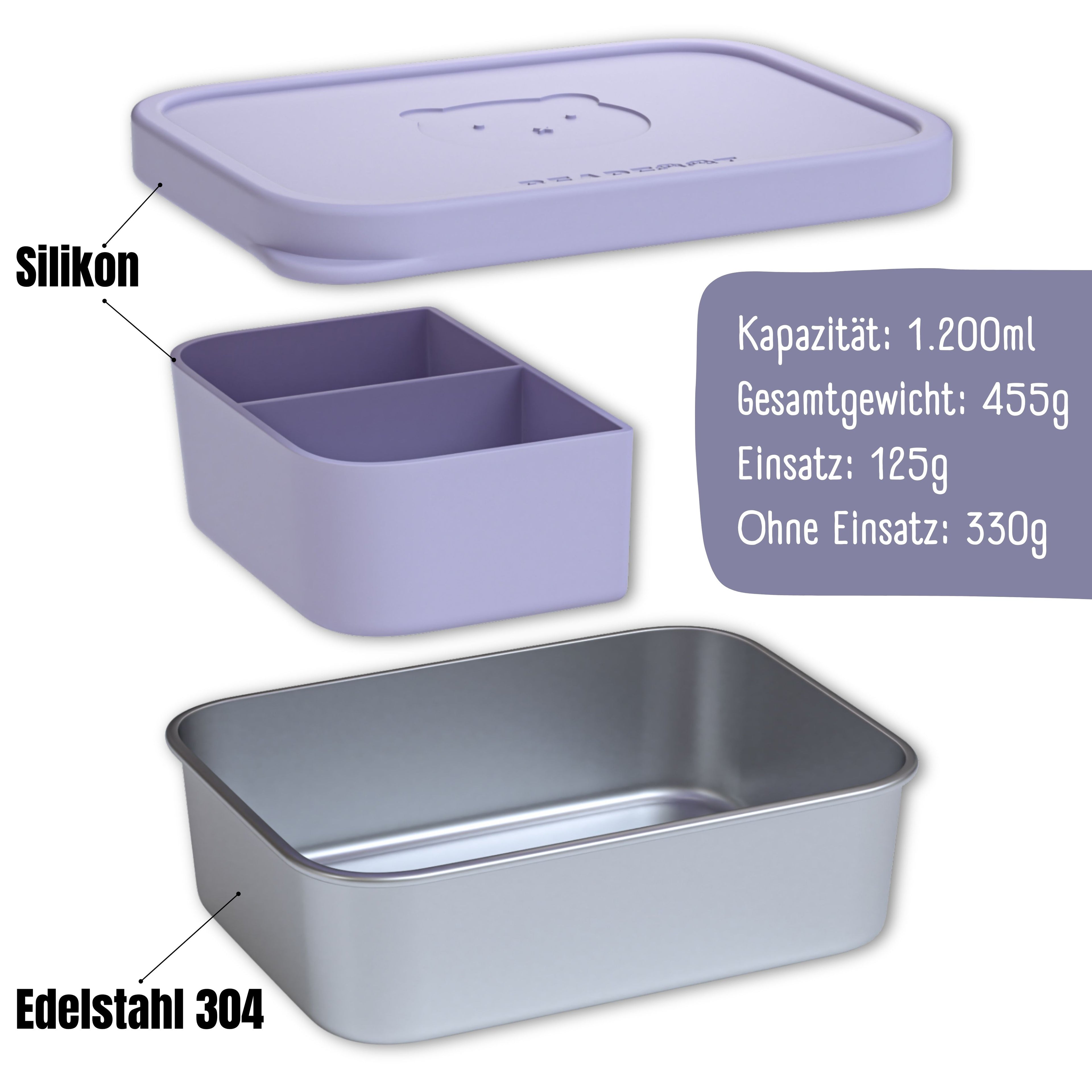 Brotdose Kinder Edelstahl mit Silikoneinsatz - Lavendel