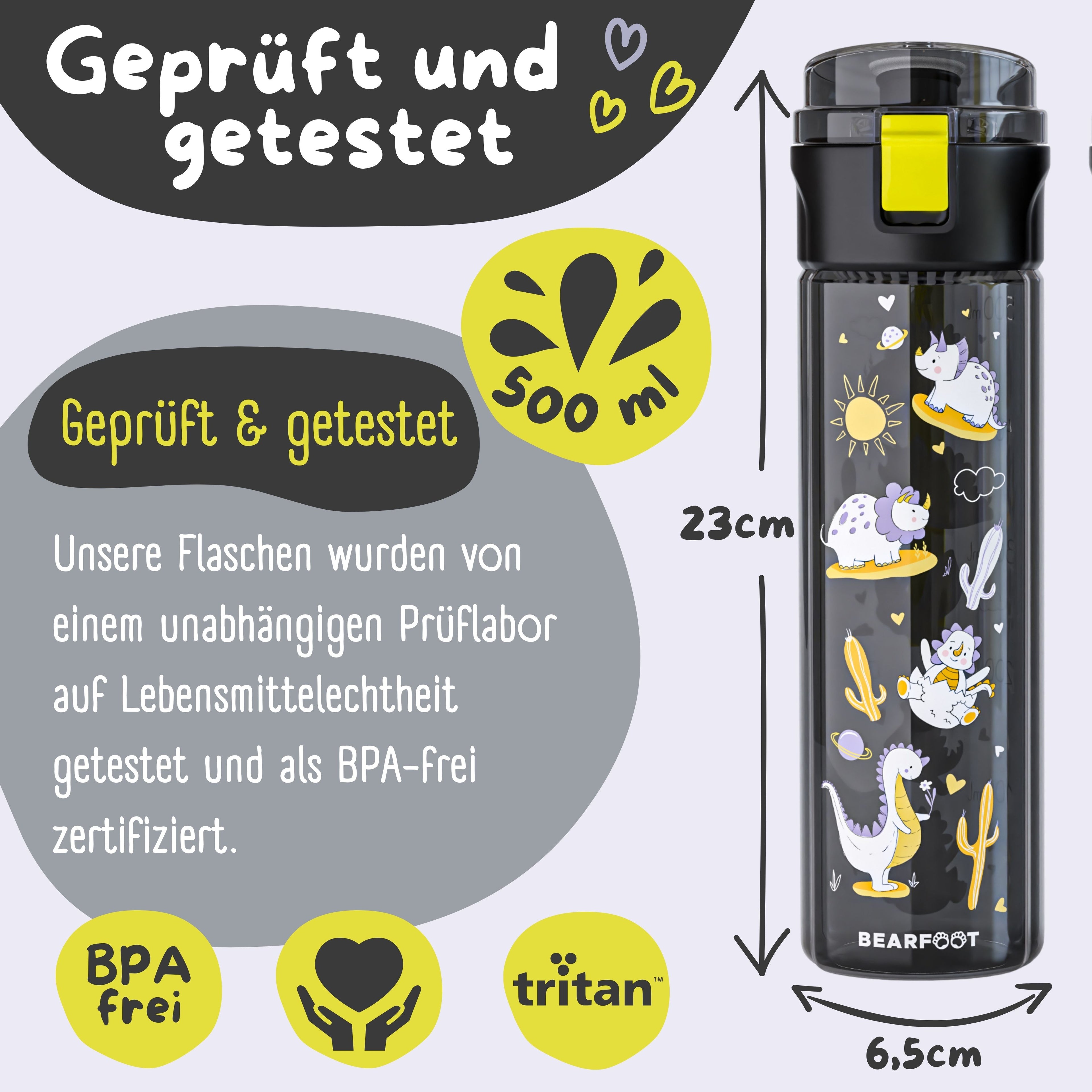 Trinkflasche Kinder, 500ml, leicht - Dinos-schwarz