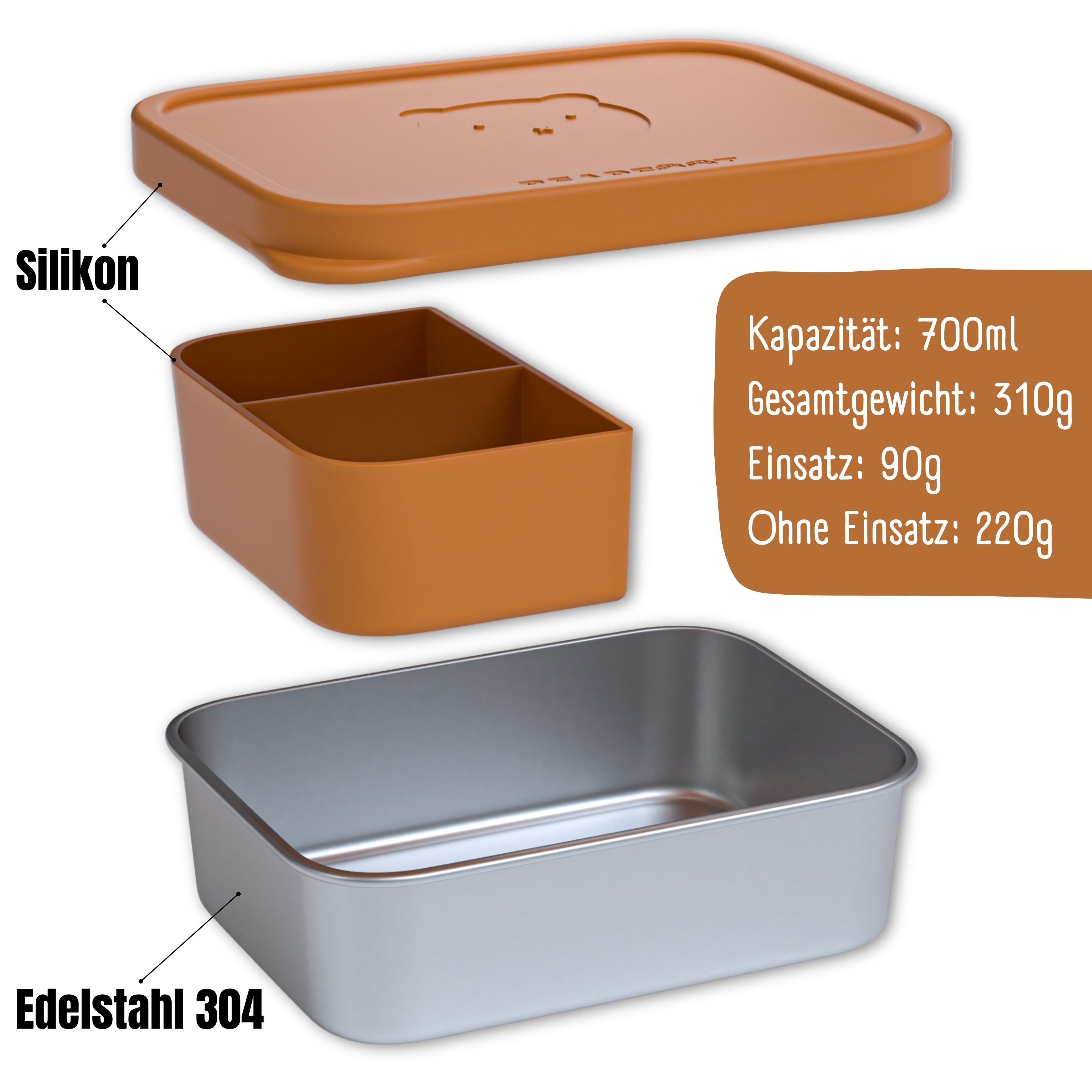 Brotdose Kinder Edelstahl mit Silikoneinsatz - Braun