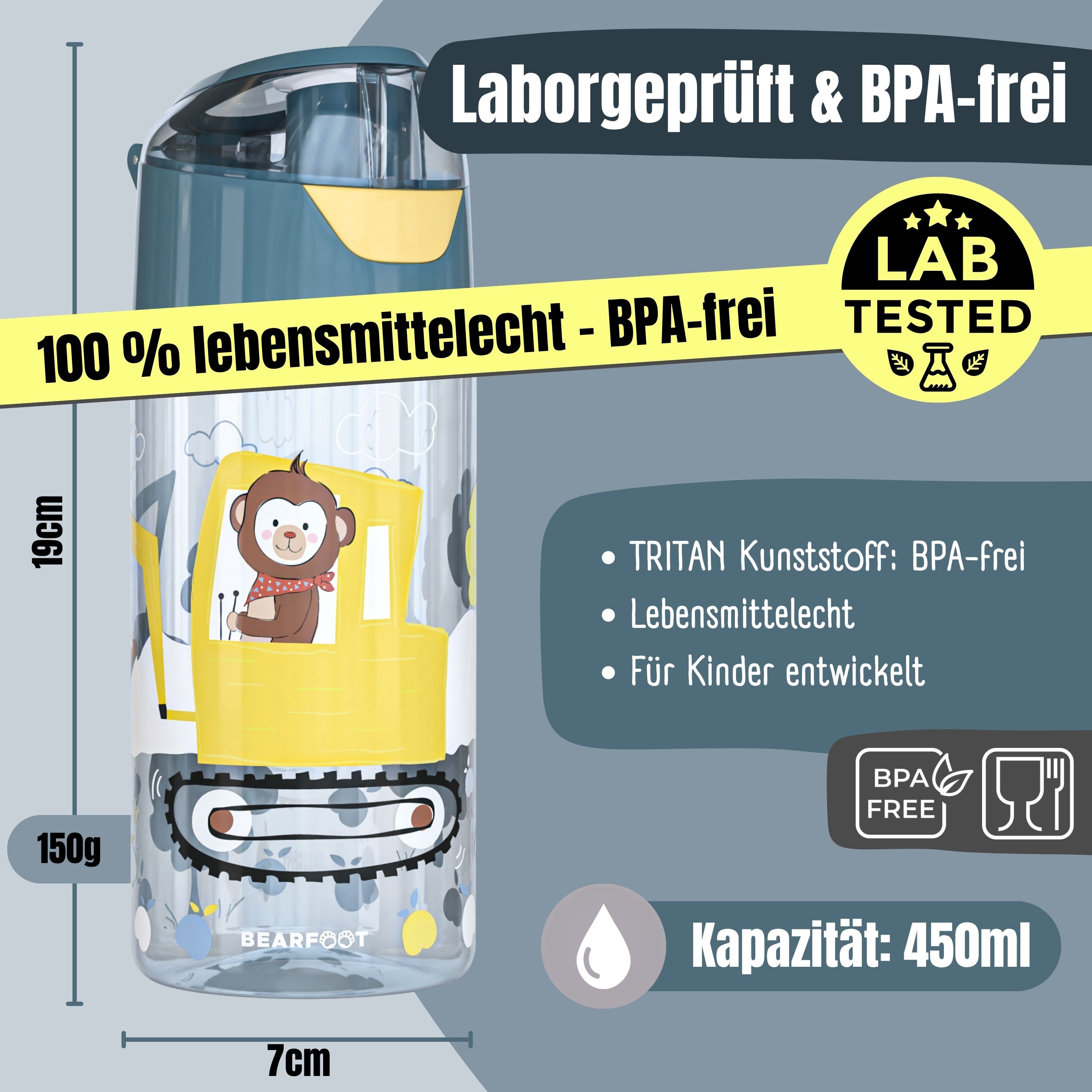 Børnevandflaske, letvægtsvandflaske - gravemaskine & abe