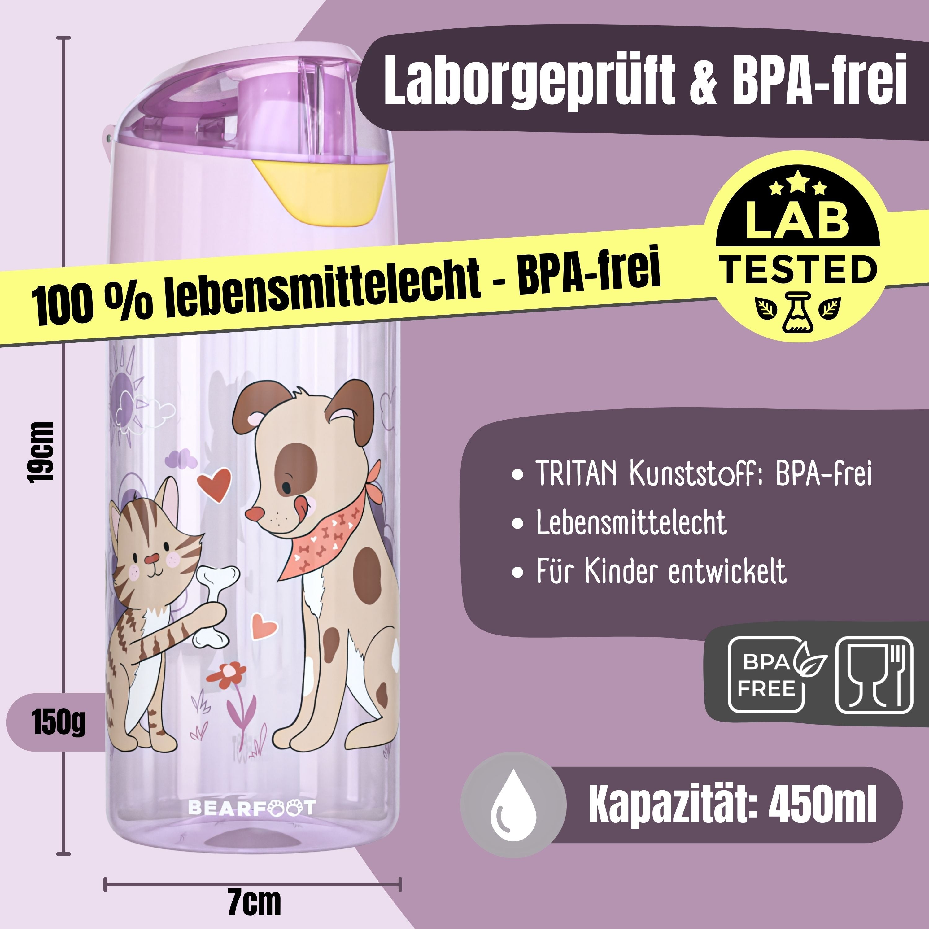 Trinkflasche Kinder leichte Wasserflasche - Hund & Katze pink