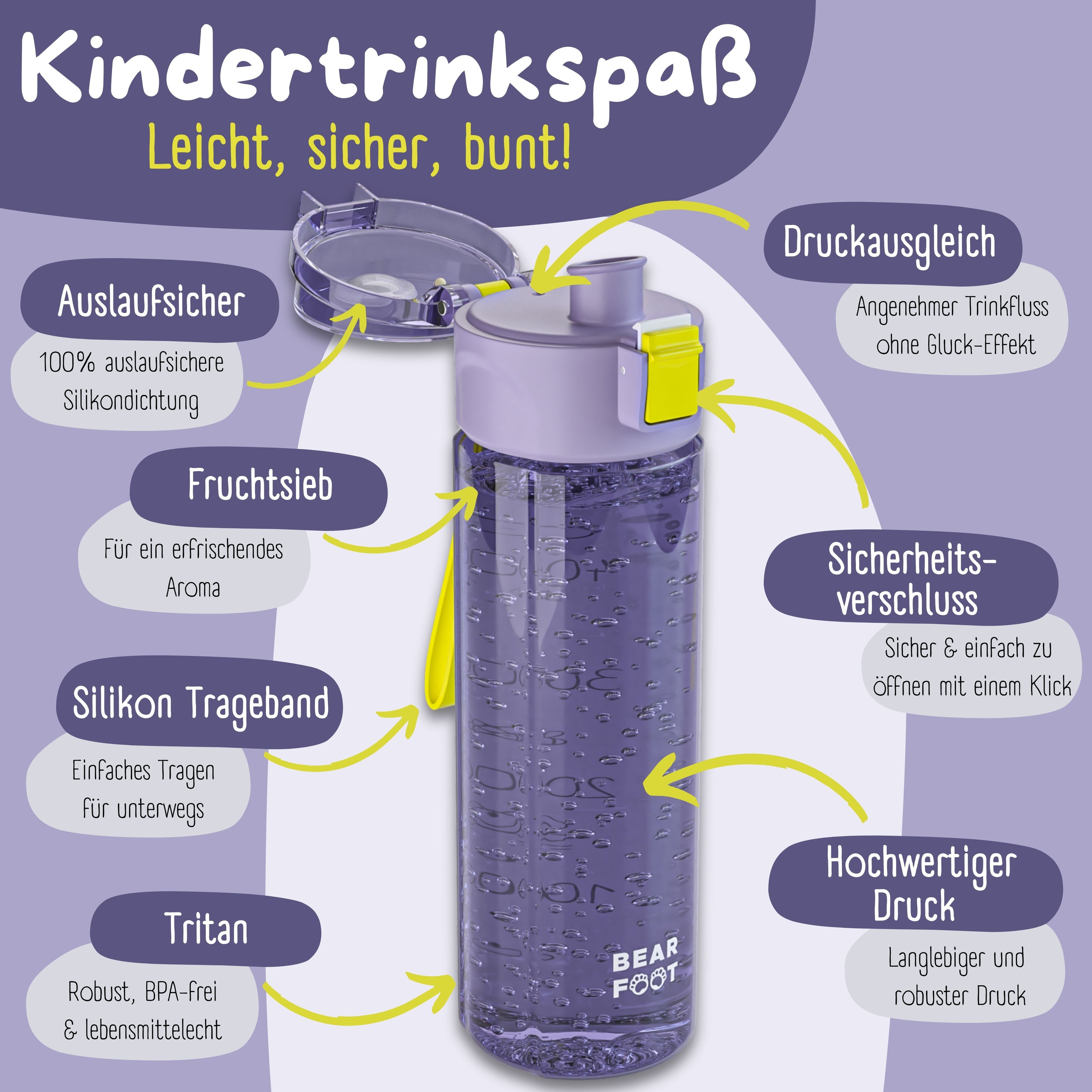 Trinkflasche Kinder, 500ml, leicht - Logo-lila