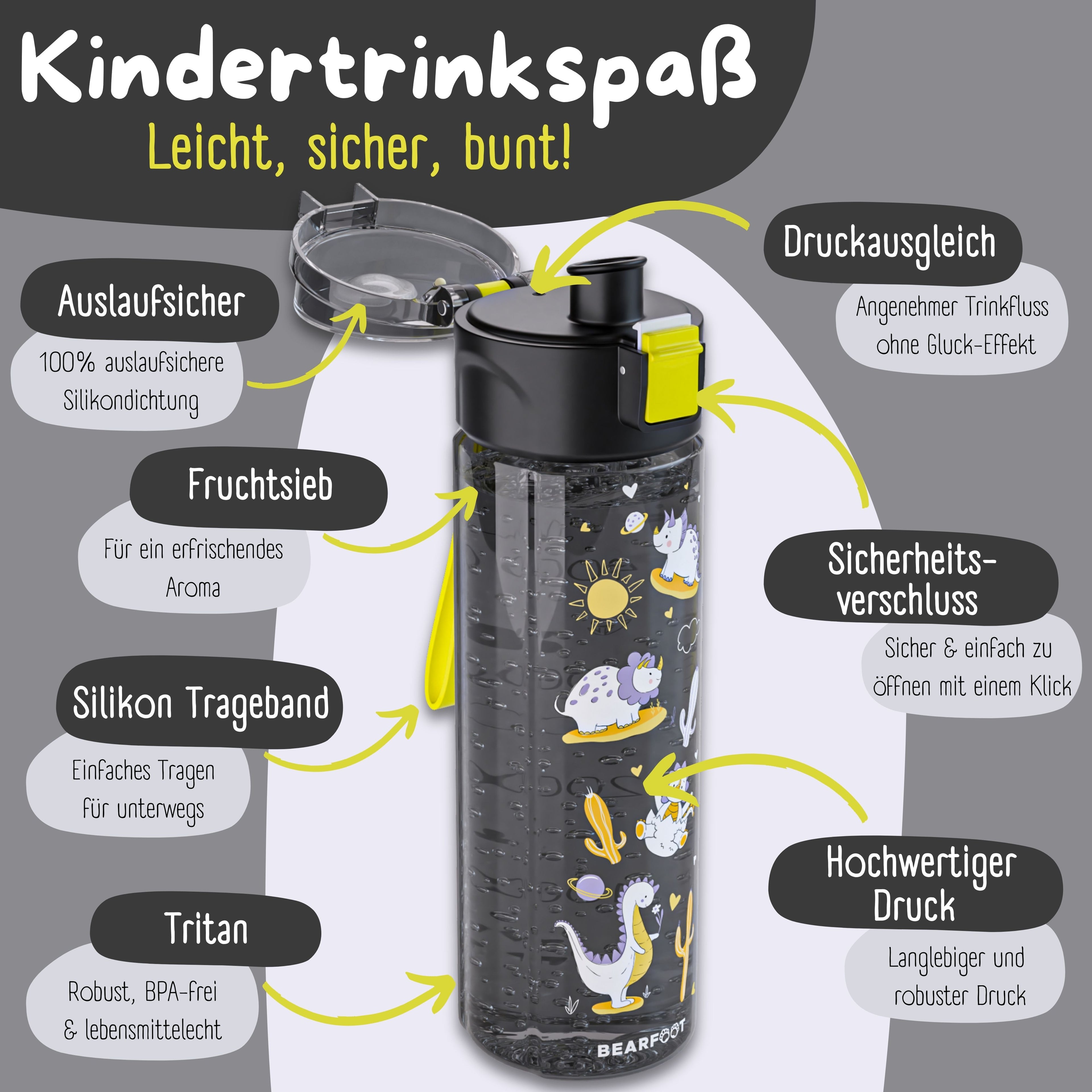 Trinkflasche Kinder, 500ml, leicht - Dinos-schwarz