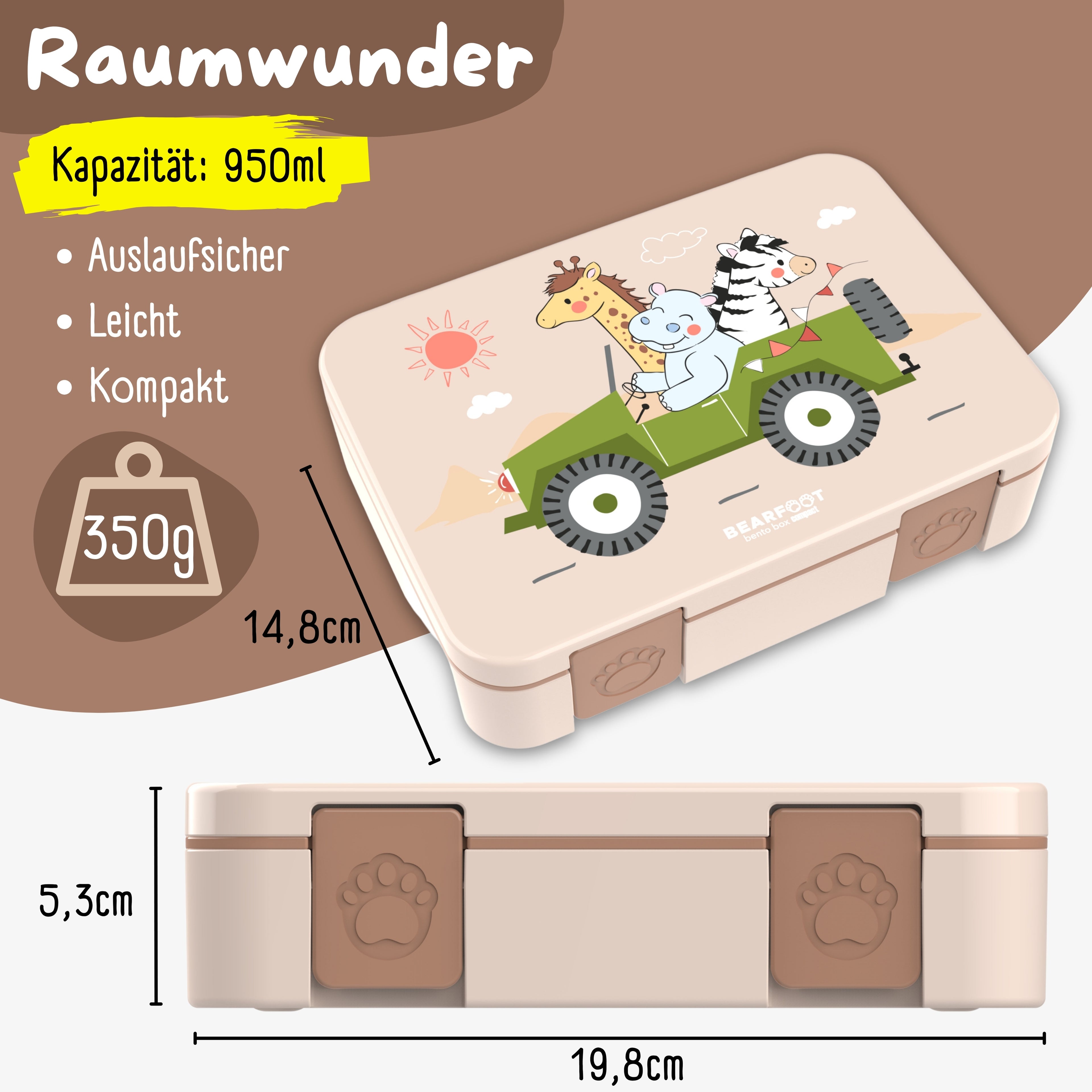 Brotdose mit Fächern, leicht & auslaufsicher - Safari braun