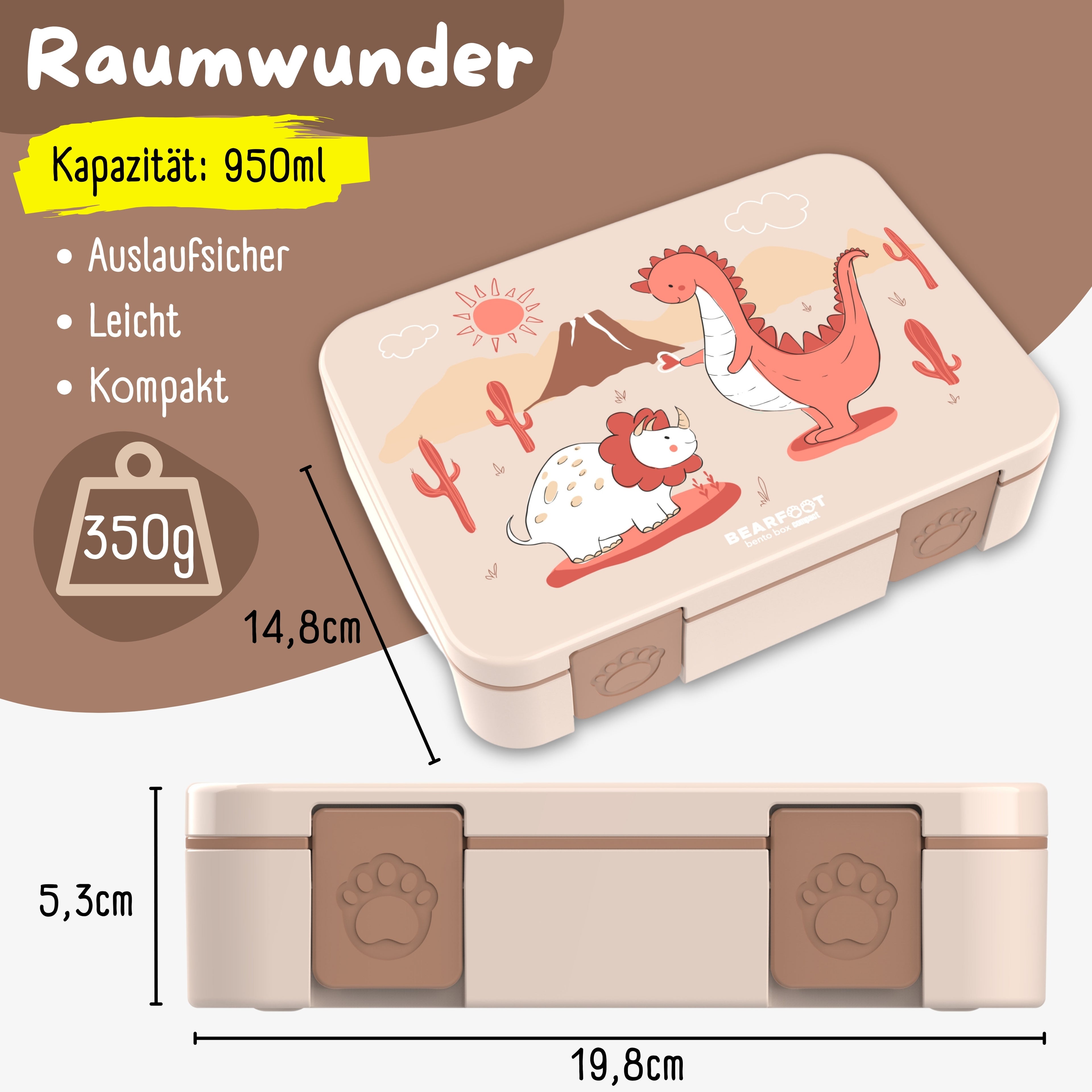 Brotdose mit Fächern, leicht & auslaufsicher - Dino braun