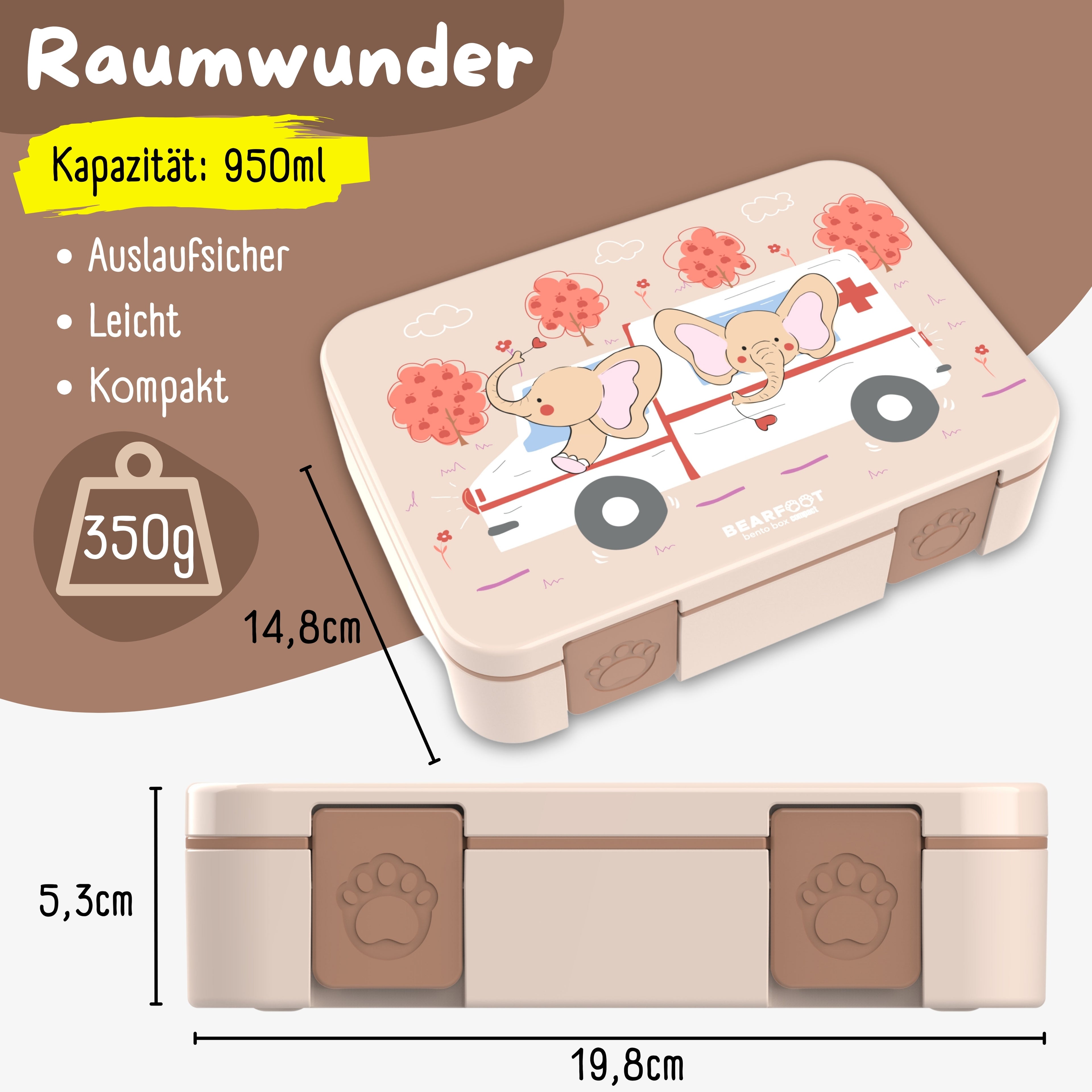 Brotdose mit Fächern, leicht & auslaufsicher - Kranklenwagen braun