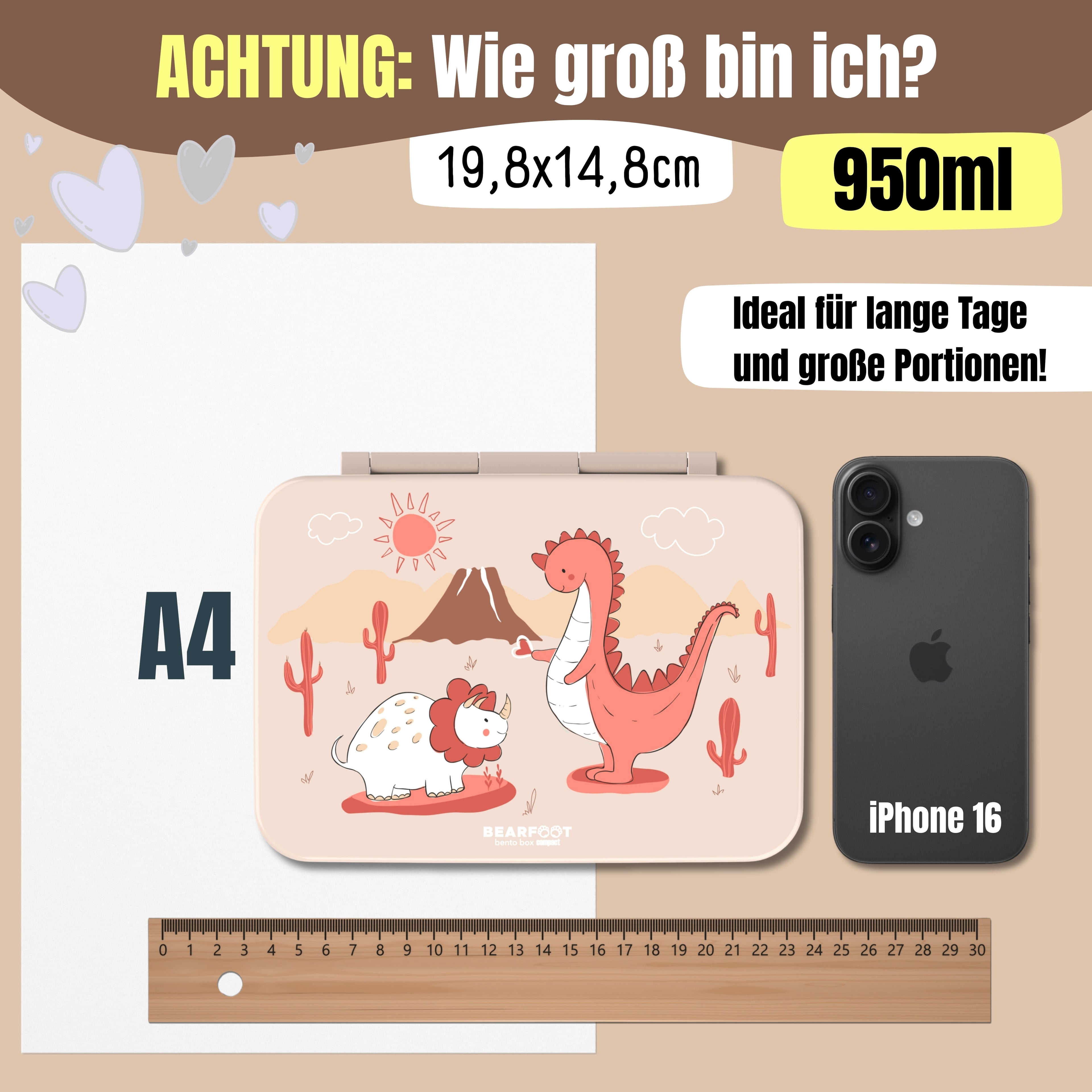 Brotdose mit Fächern, leicht & auslaufsicher - Dino braun