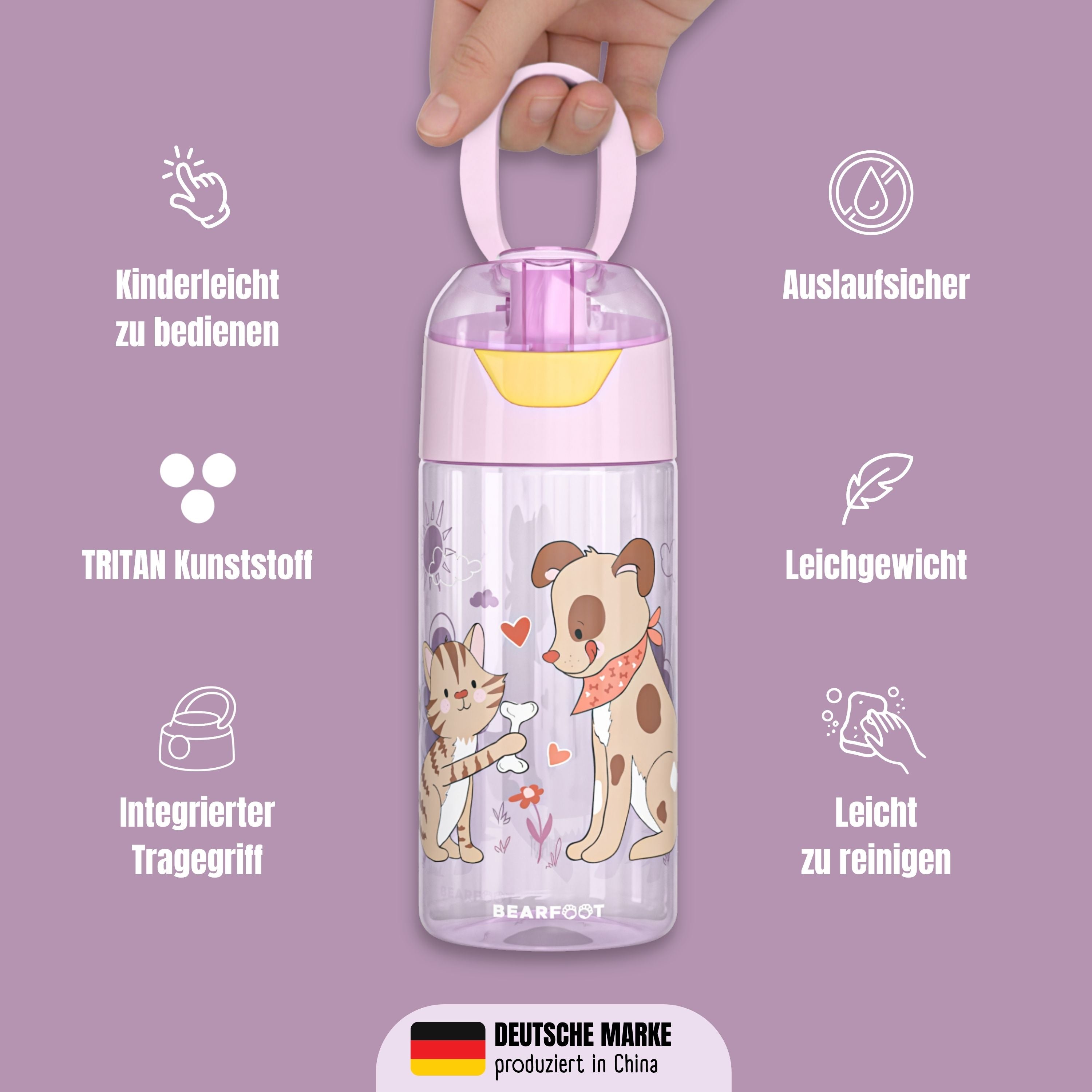 Trinkflasche Kinder leichte Wasserflasche - Hund & Katze pink