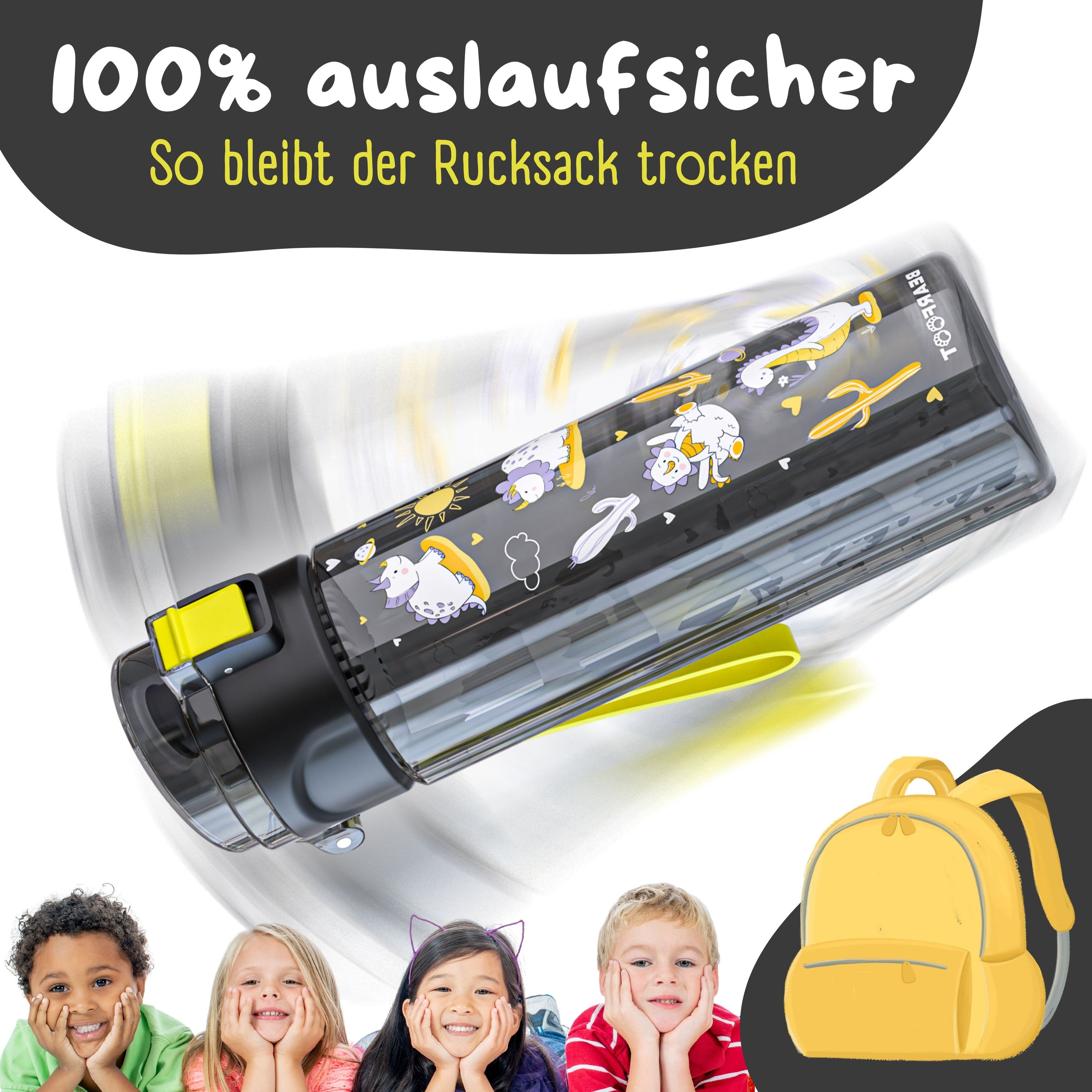 Trinkflasche Kinder, 500ml, leicht - Dinos-schwarz