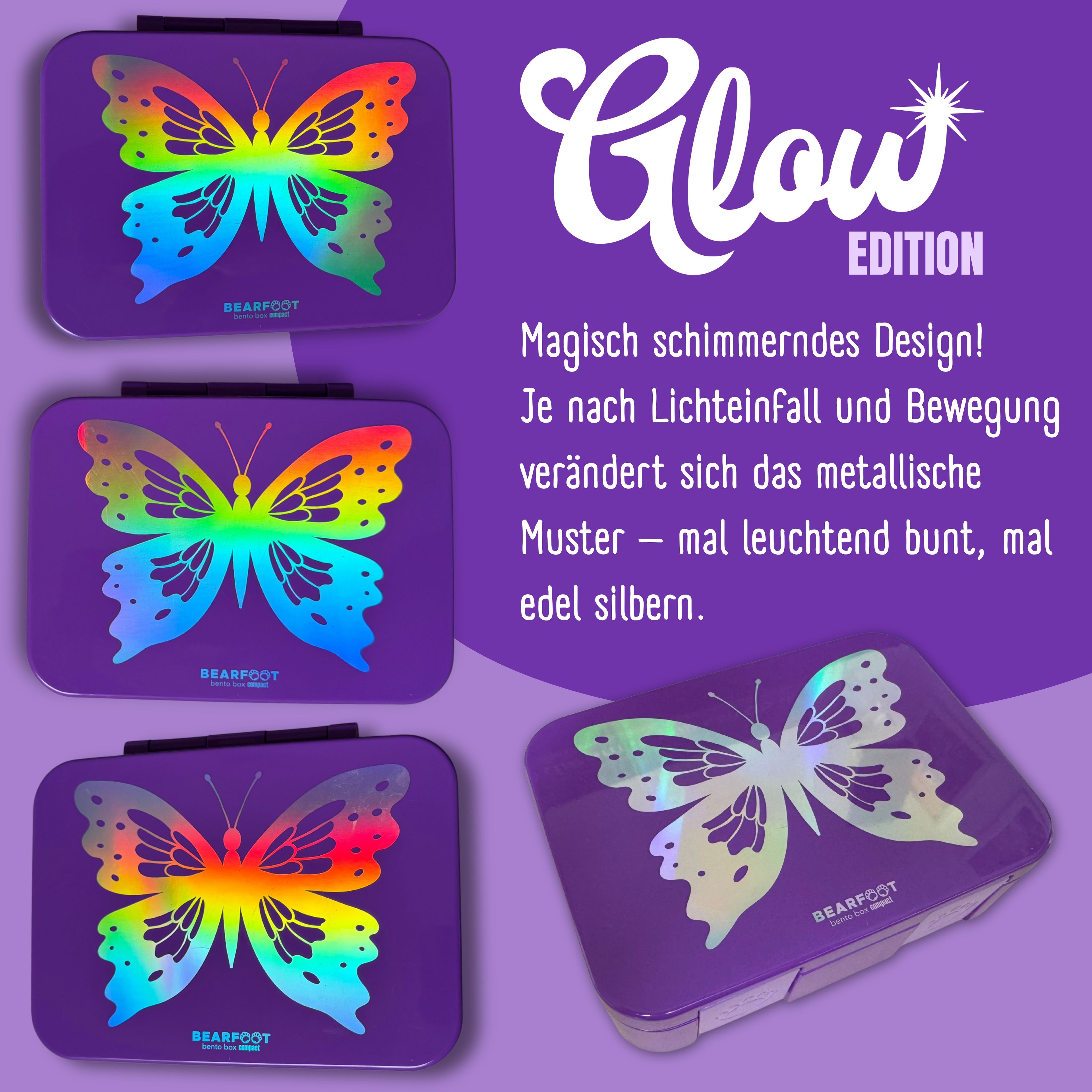 Brotdose mit Fächern, auslaufsicher - Schmetterling GLOW