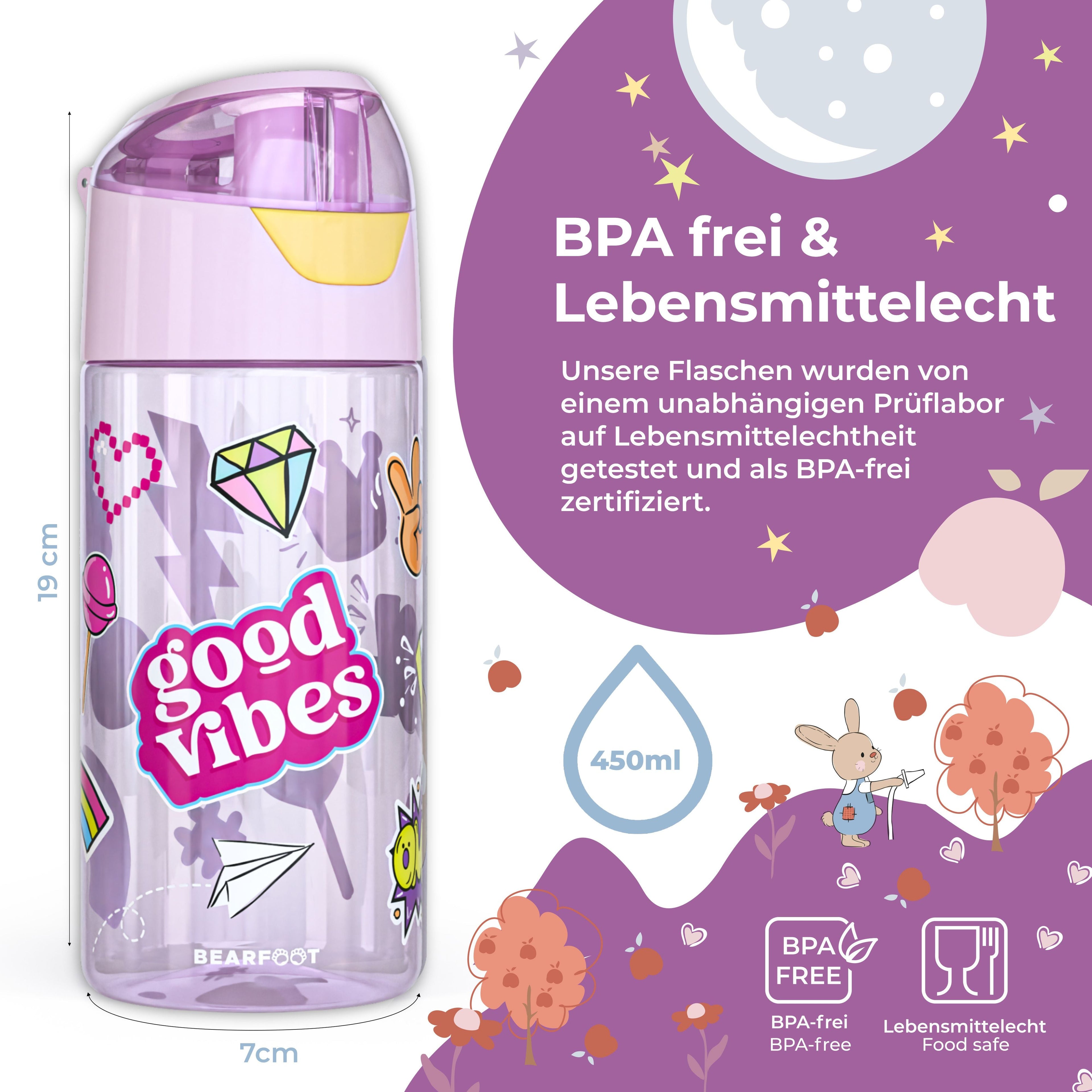 Trinkflasche Kinder, leichte Wasserflasche - Sticker lila