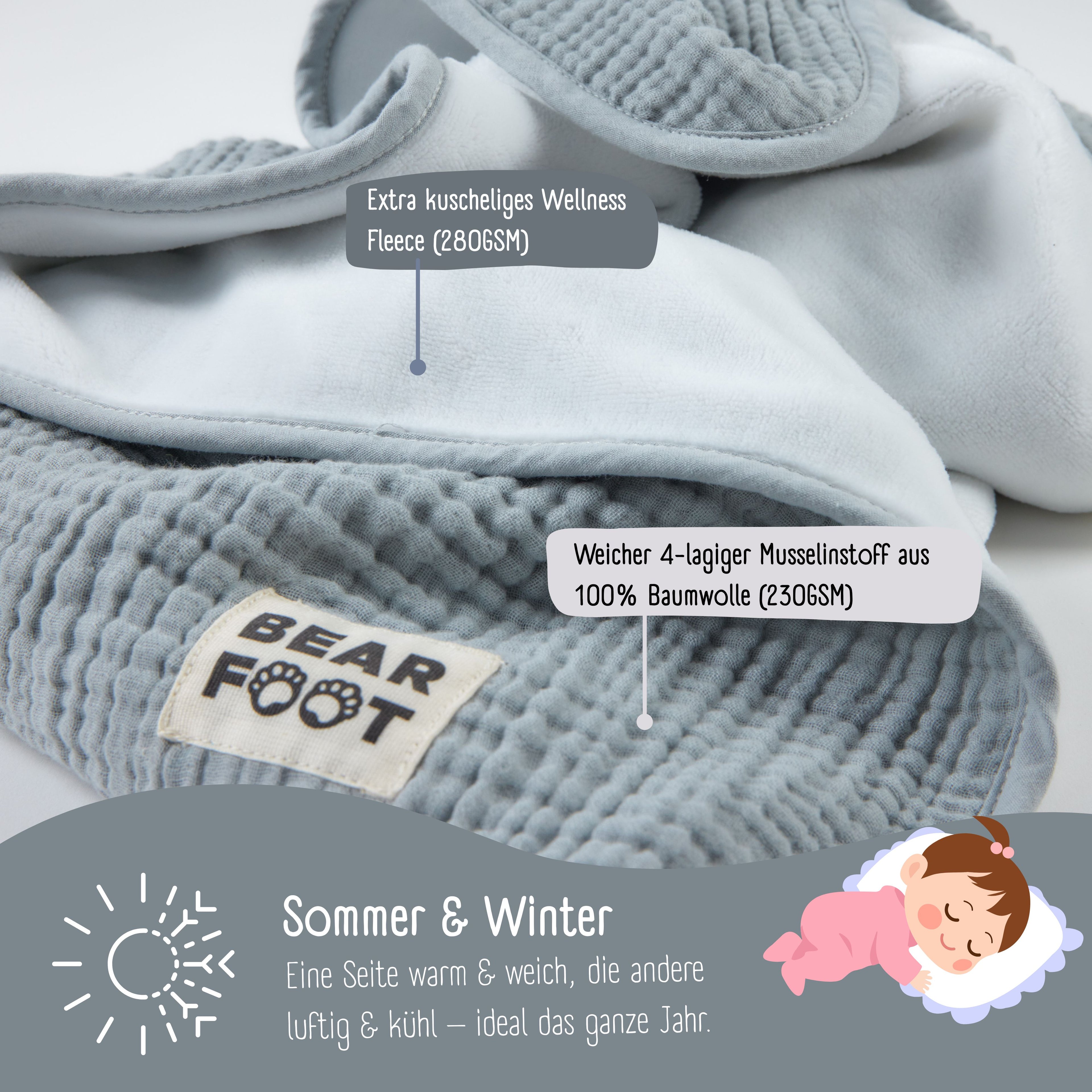 Couverture bébé en mousseline polaire moelleuse et douce - gris