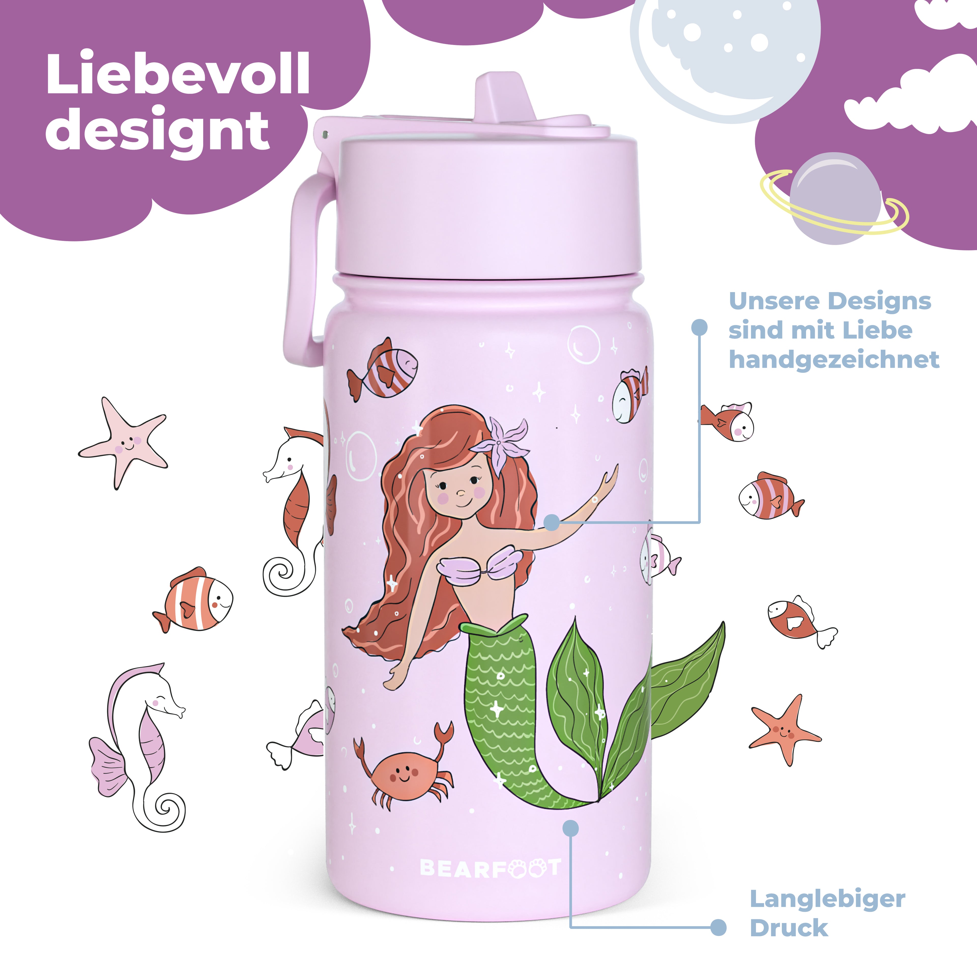 Thermo kinderdrinkfles RVS - zeemeermin paars
