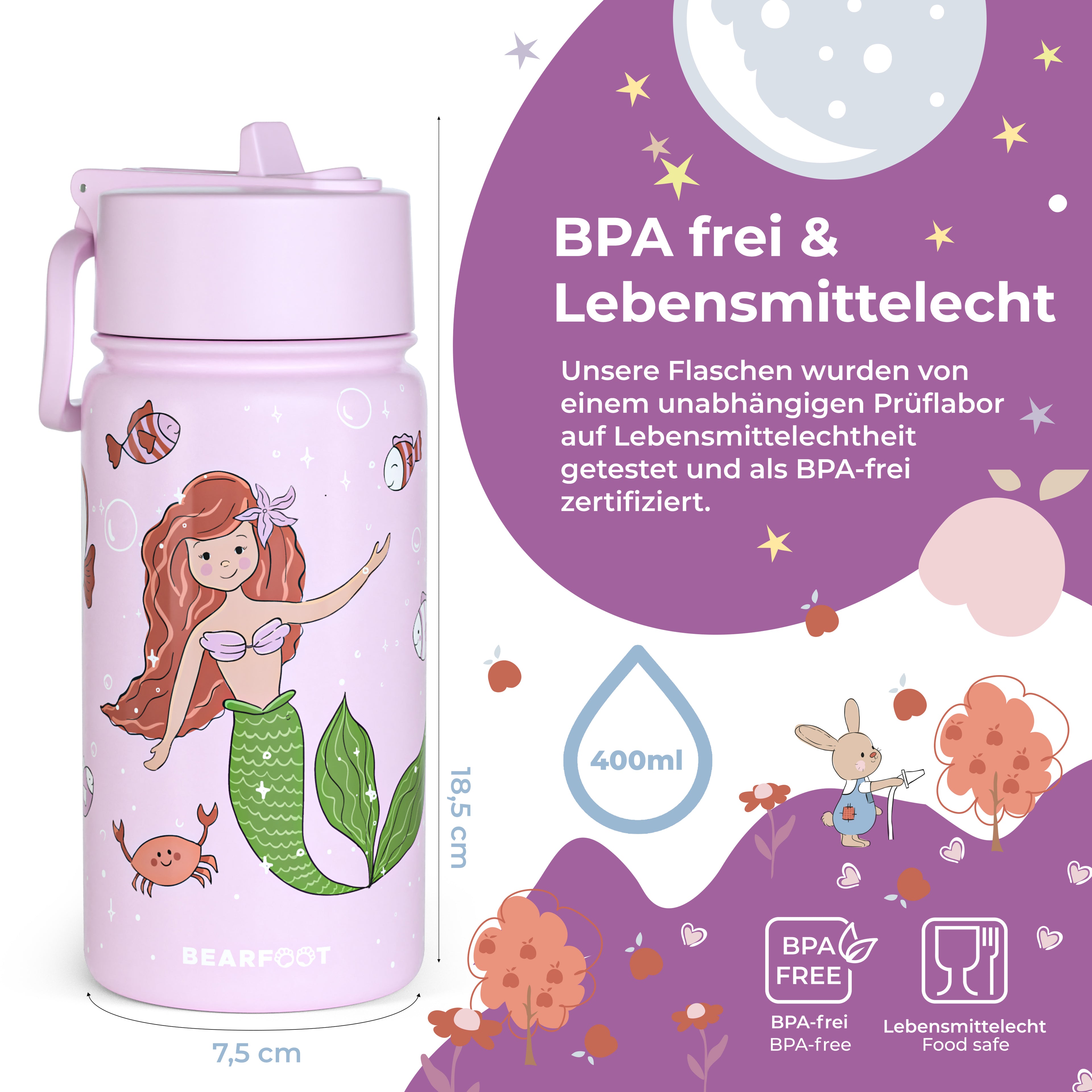 Thermo kinderdrinkfles RVS - zeemeermin paars
