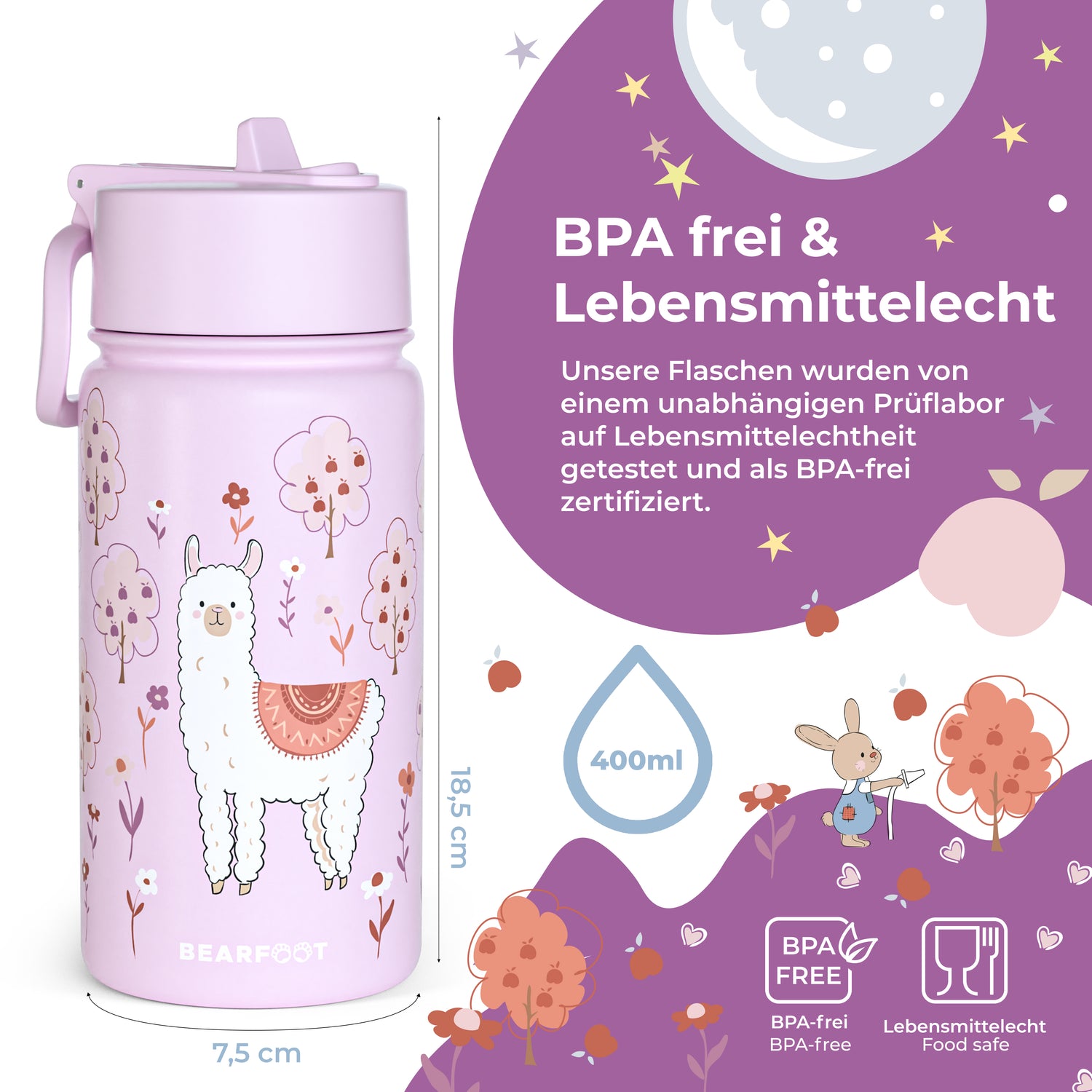 Thermo Kinder Trinkflasche Edelstahl - Lama lila