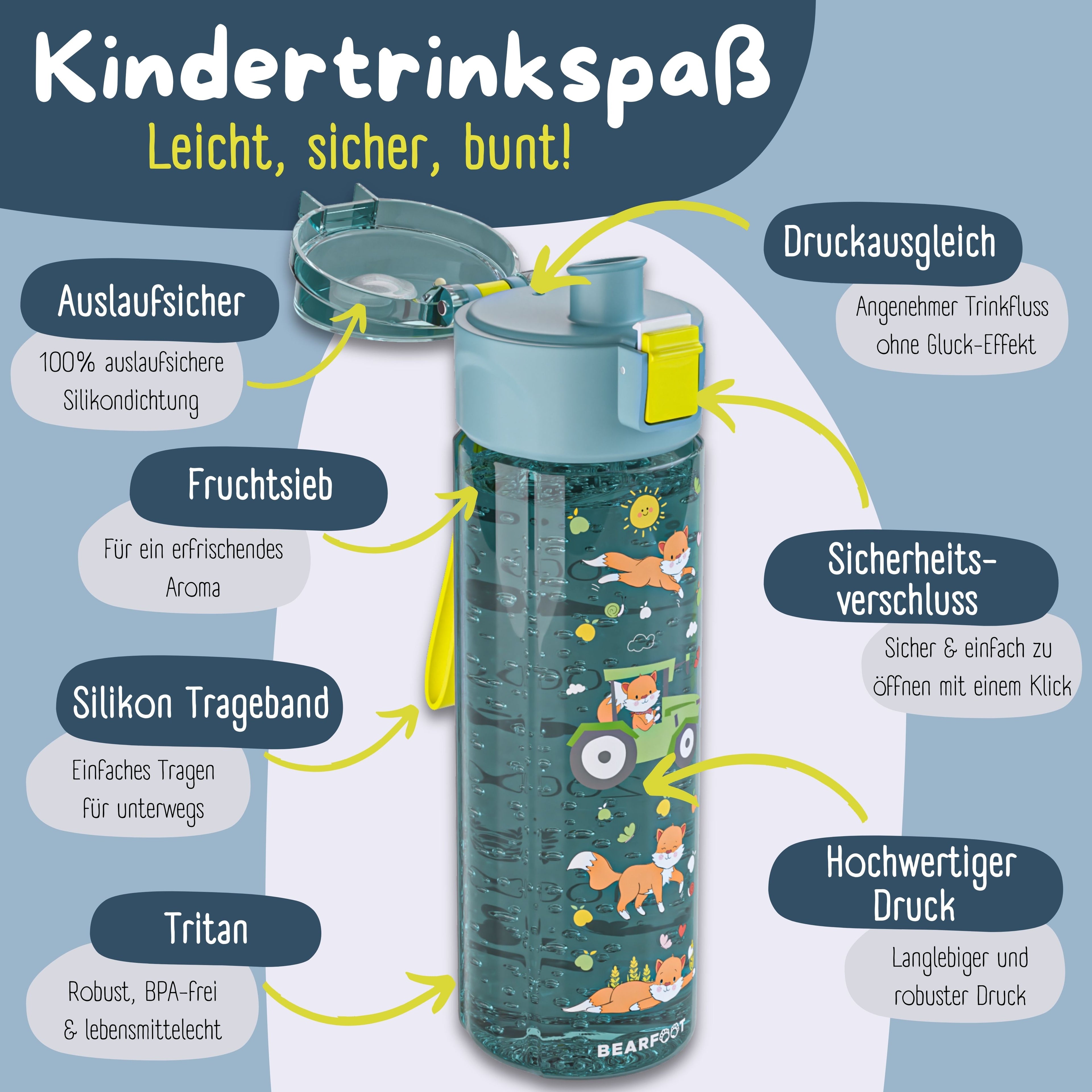Trinkflasche Kinder, 500ml, leicht - Traktor-blau