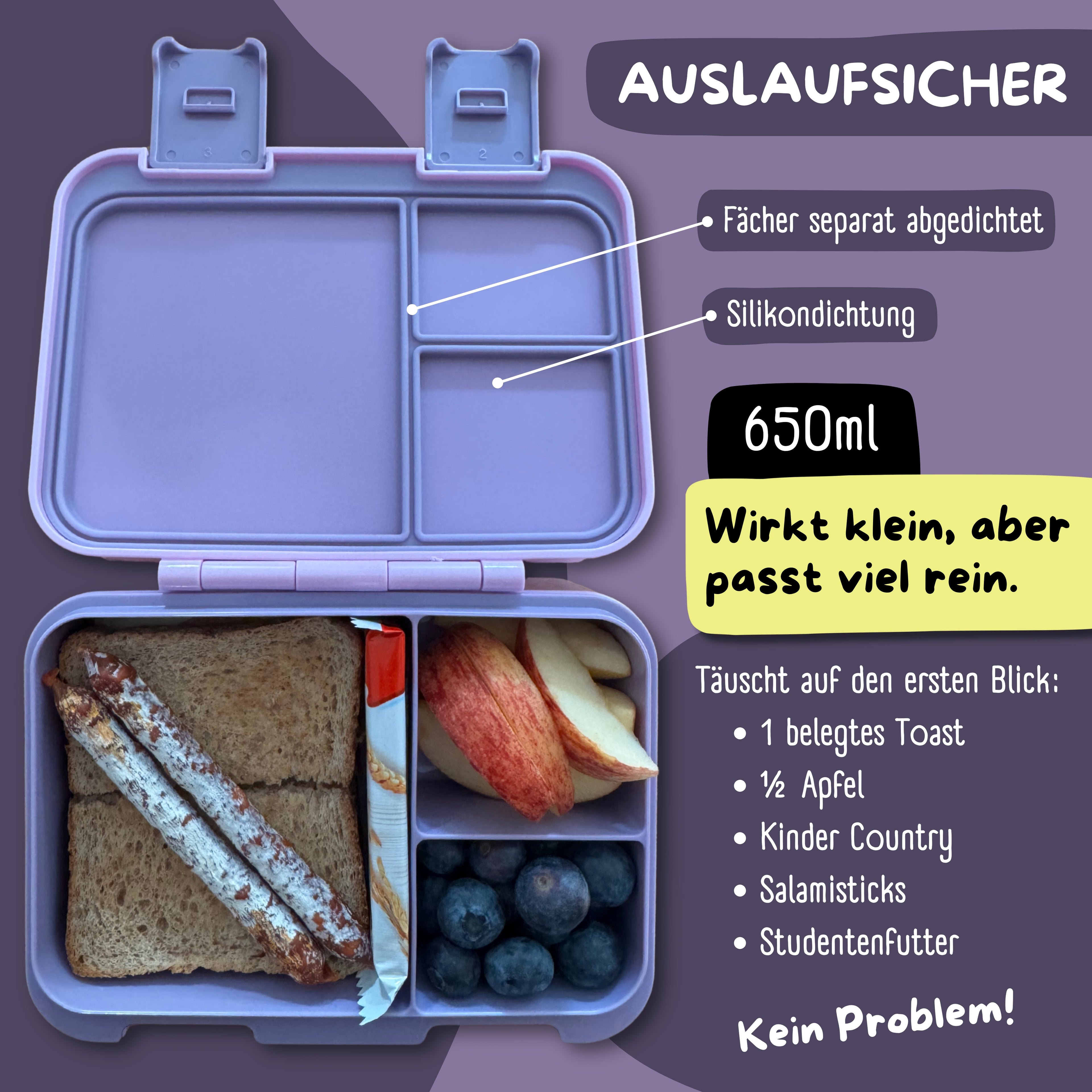 Brotdose mit Fächern, leicht & auslaufsicher - Einhorn lila