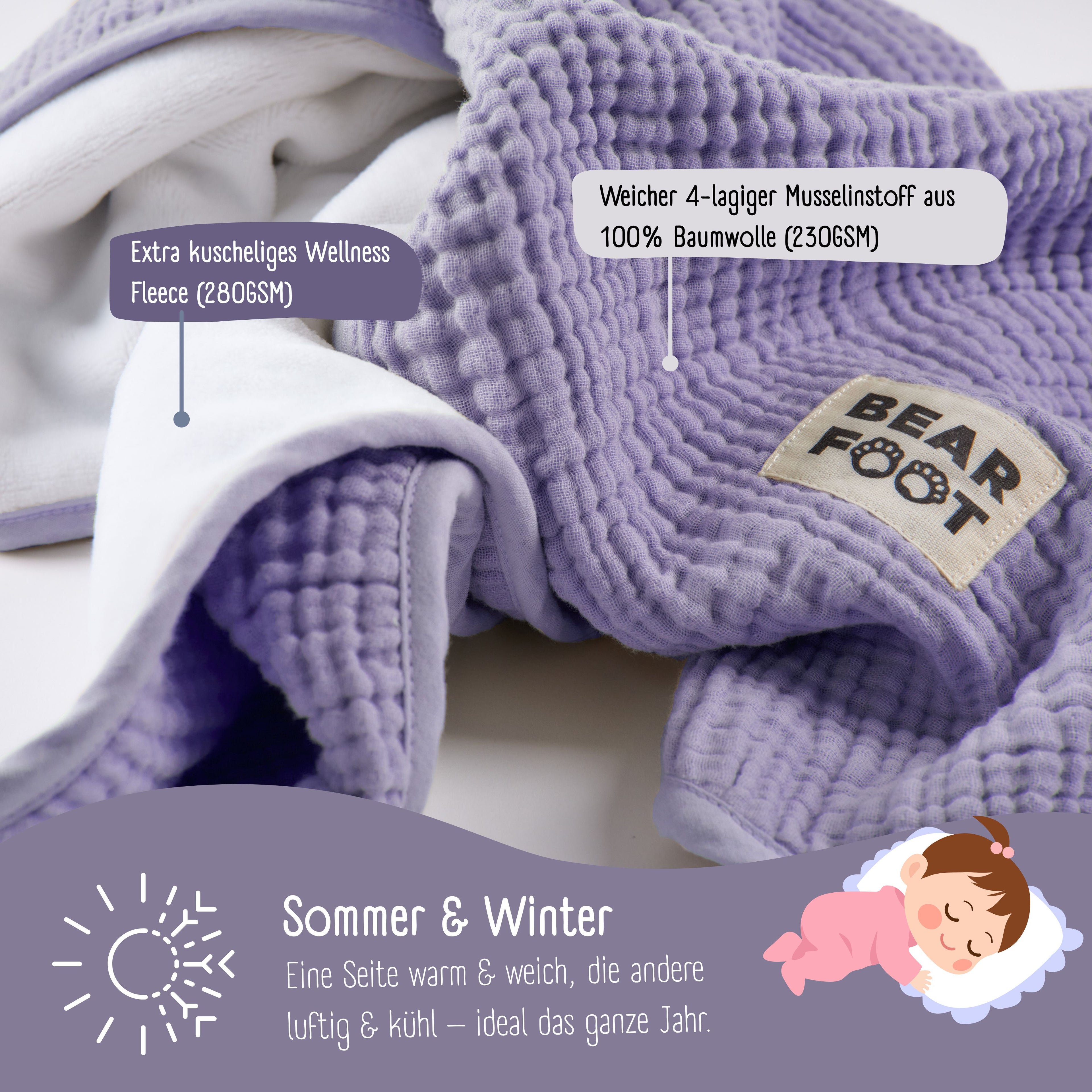 Babydecke Musselin Fleecedecke flauschig weich - lila