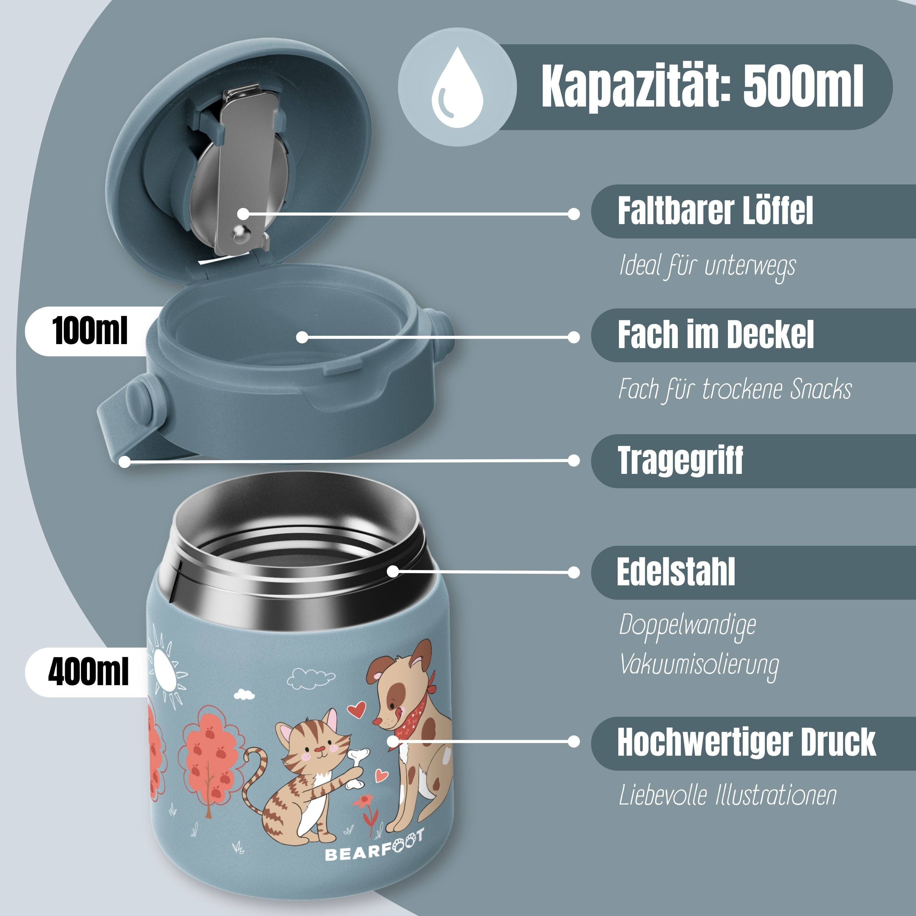 Thermobehälter Kinder Edelstahl - Hund & Katze blau