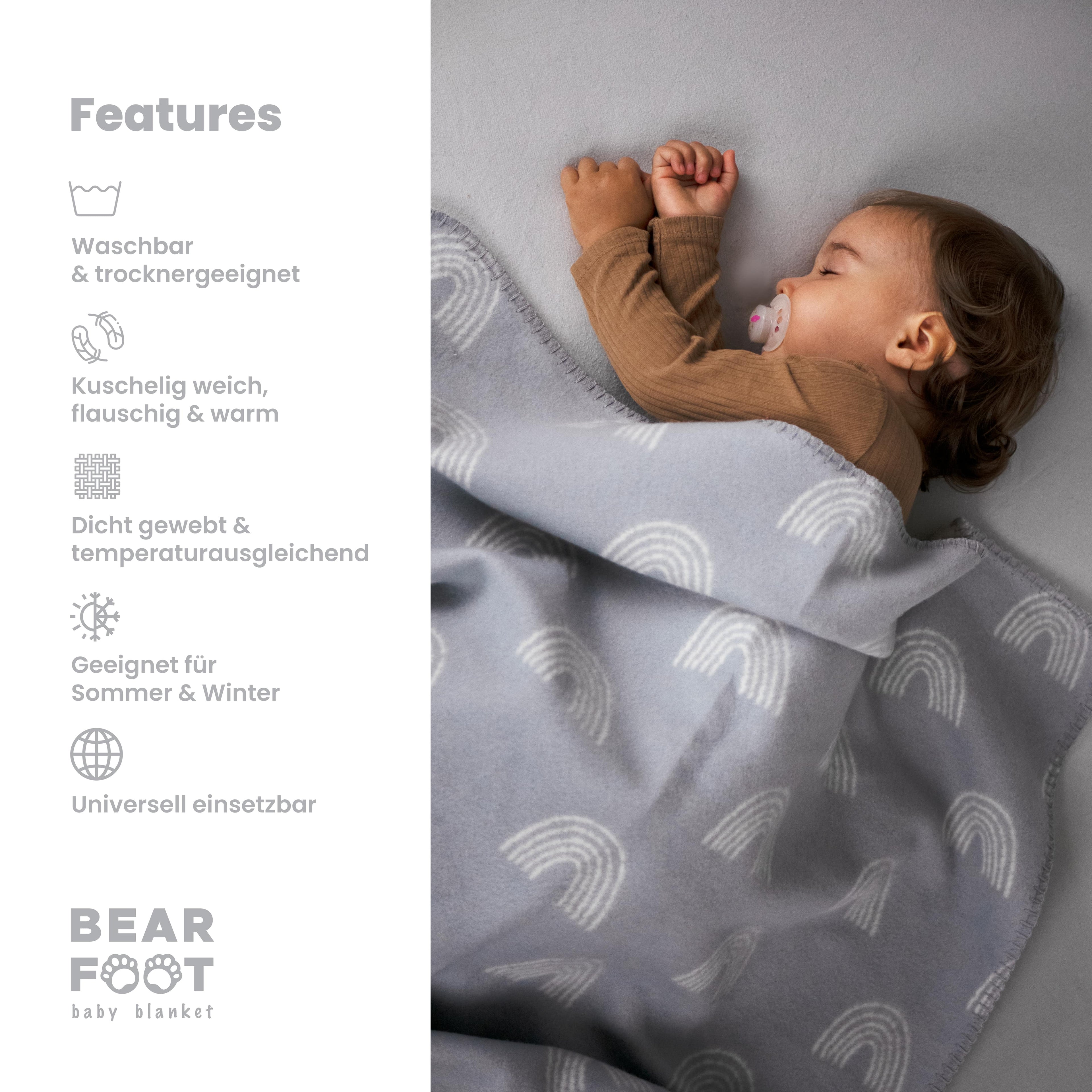 Babydecke Bio Baumwolle, Made in Germany, Regenbogen - grau