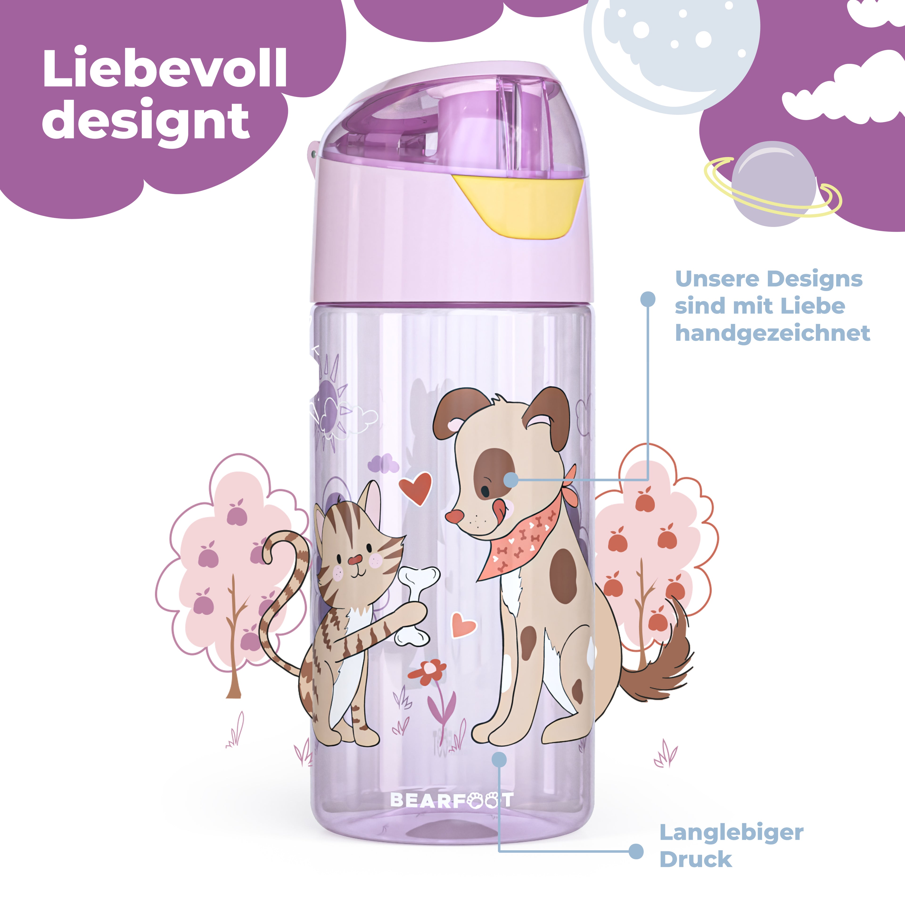 Trinkflasche Kinder leichte Wasserflasche - Hund & Katze pink
