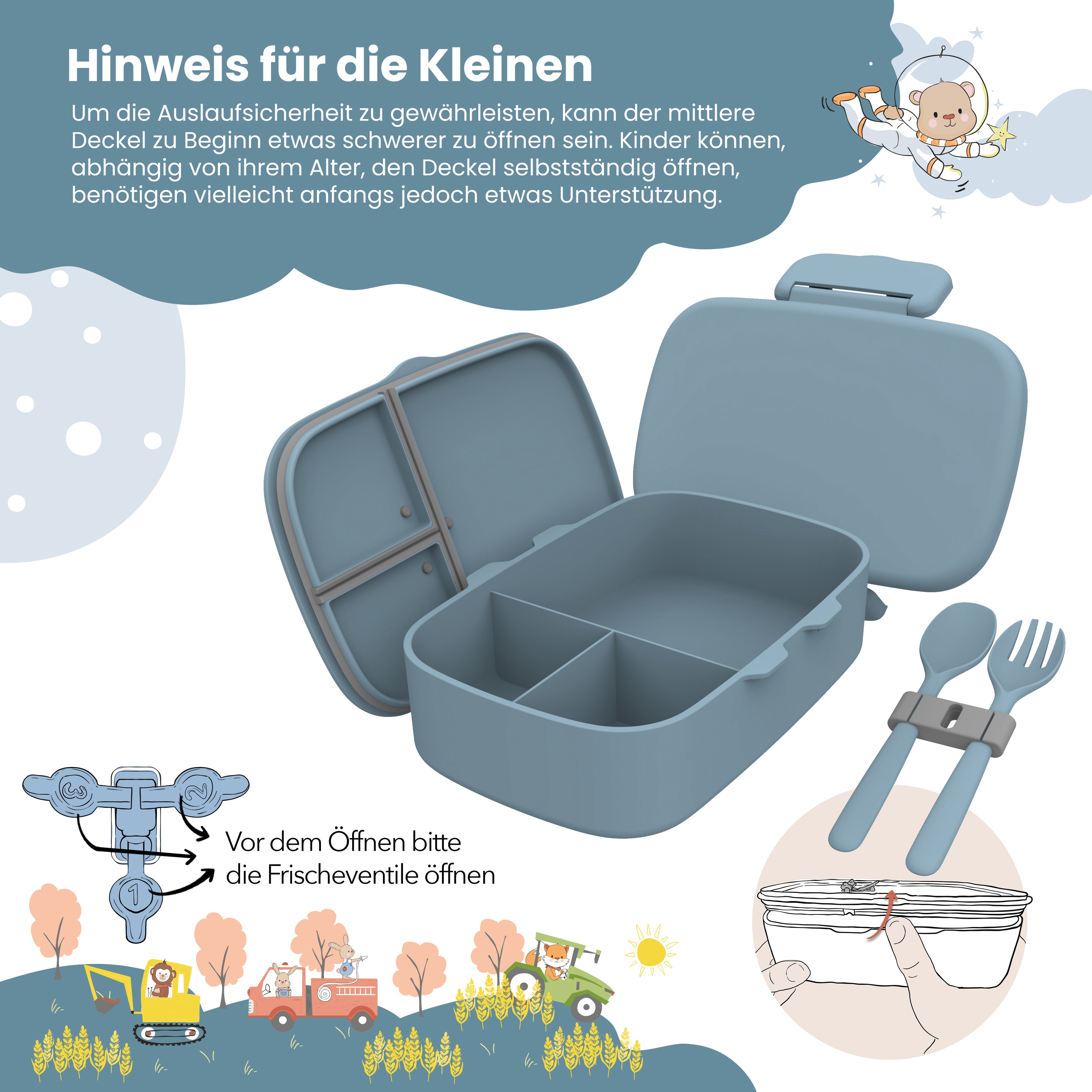 Brotdose Kinder mit Fächern, leicht & auslaufsicher - blau