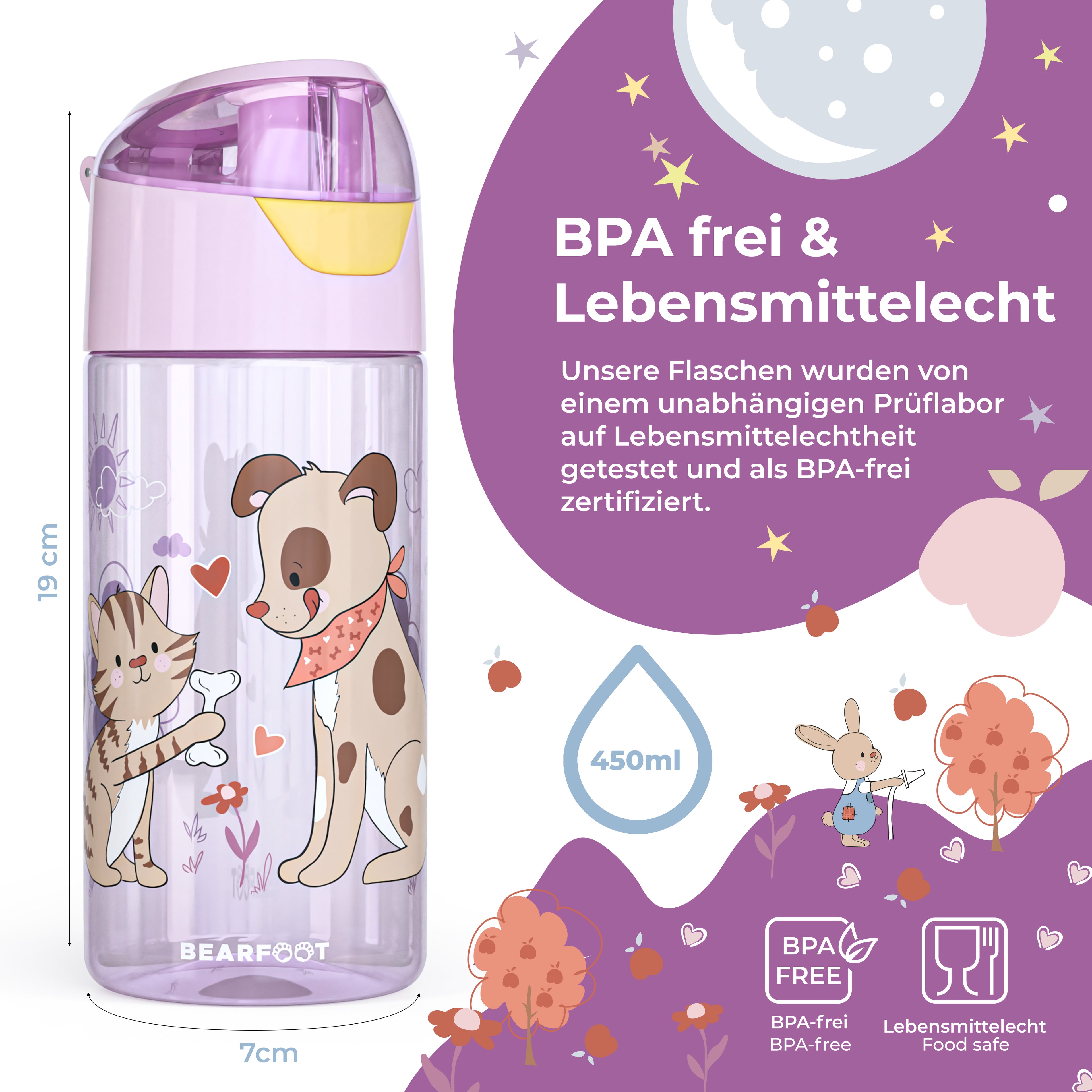 Trinkflasche Kinder leichte Wasserflasche - Hund & Katze pink