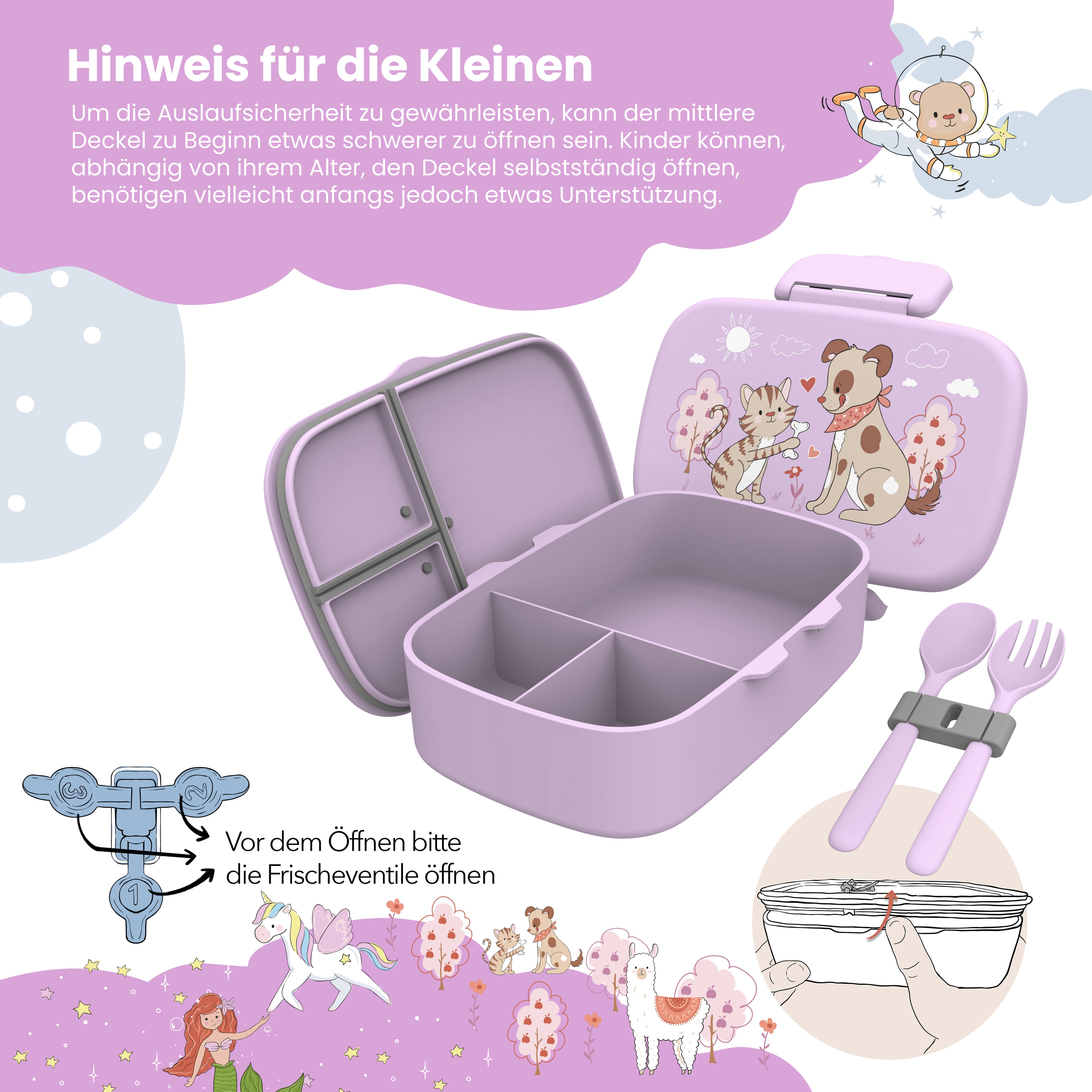 Brotdose Kinder Fächern, leicht & auslaufsicher - Hund Katze