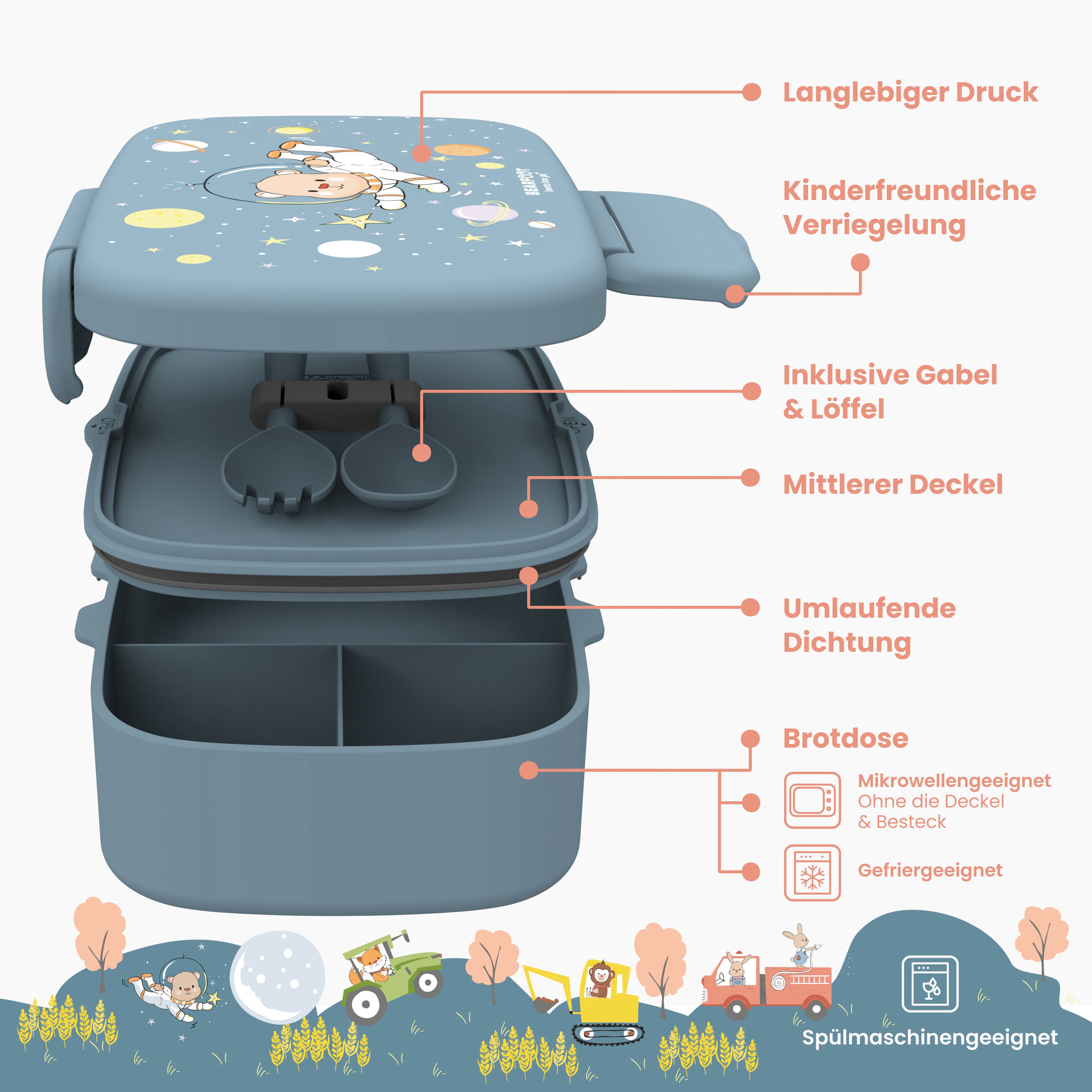 Brotdose Kinder mit Fächern, leicht & auslaufsicher - Bär