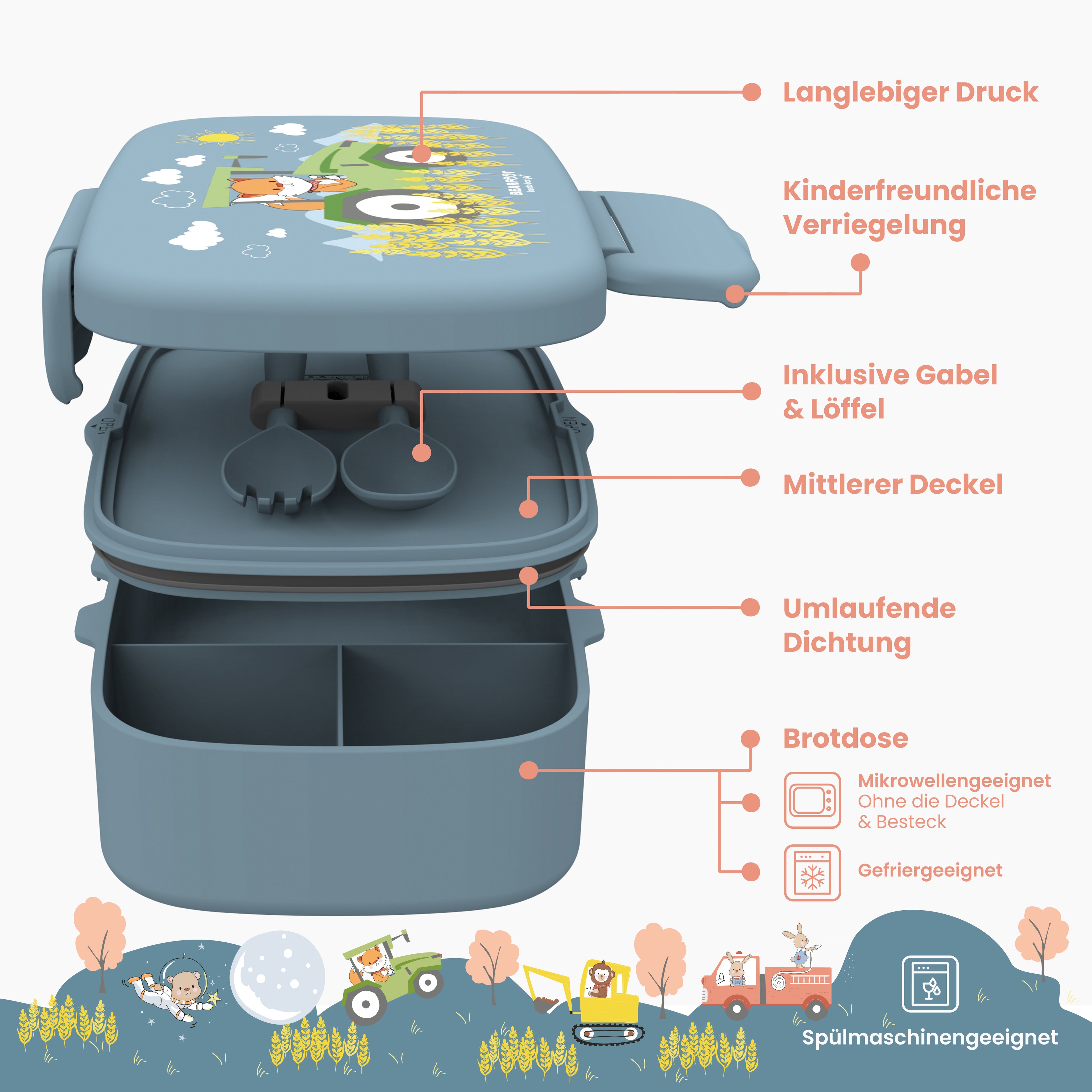Brotdose Kinder mit Fächern, leicht & auslaufsicher -Traktor