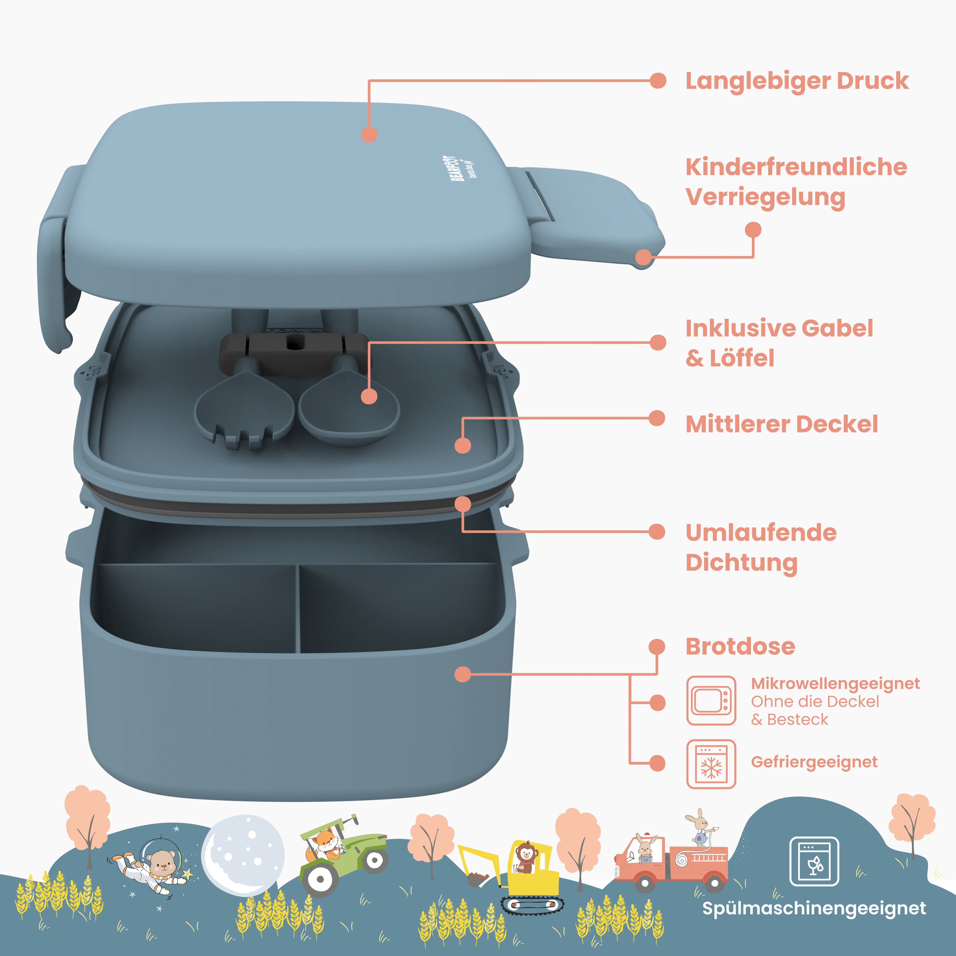 Brotdose Kinder mit Fächern, leicht & auslaufsicher - blau