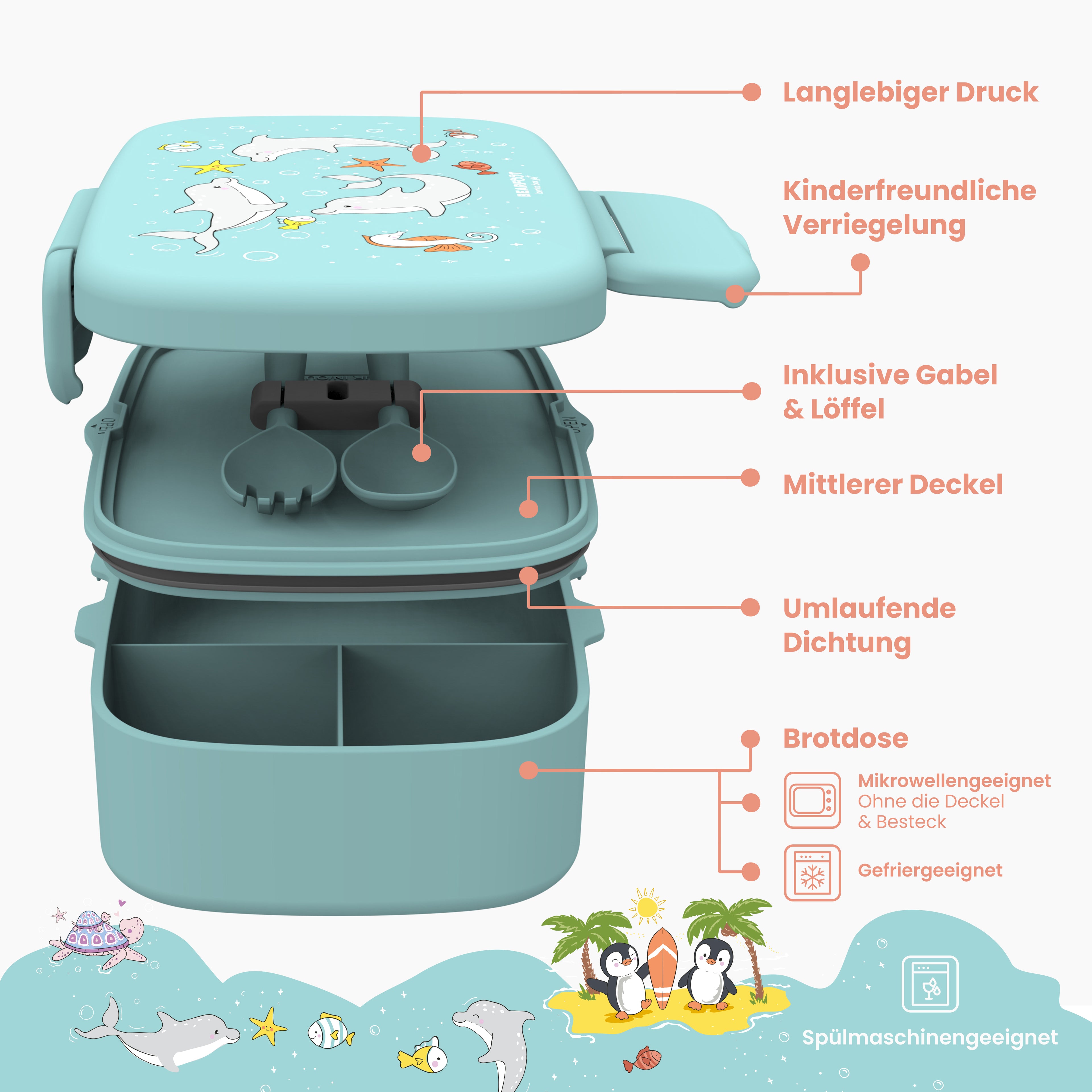 Brotdose Kinder mit Fächern, leicht & auslaufsicher - Delfin