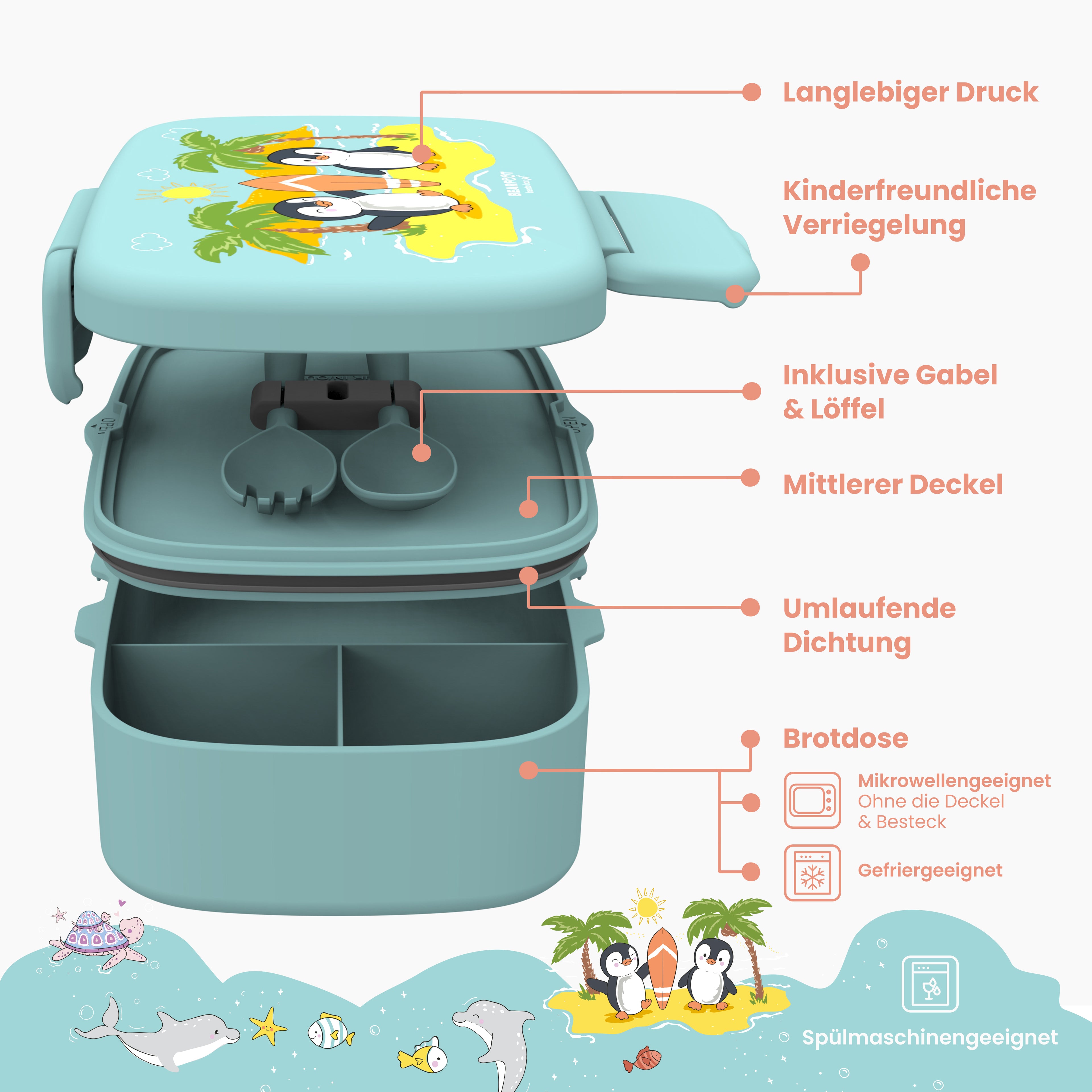 Brotdose Kinder mit Fächern, leicht & auslaufsicher- Pinguin