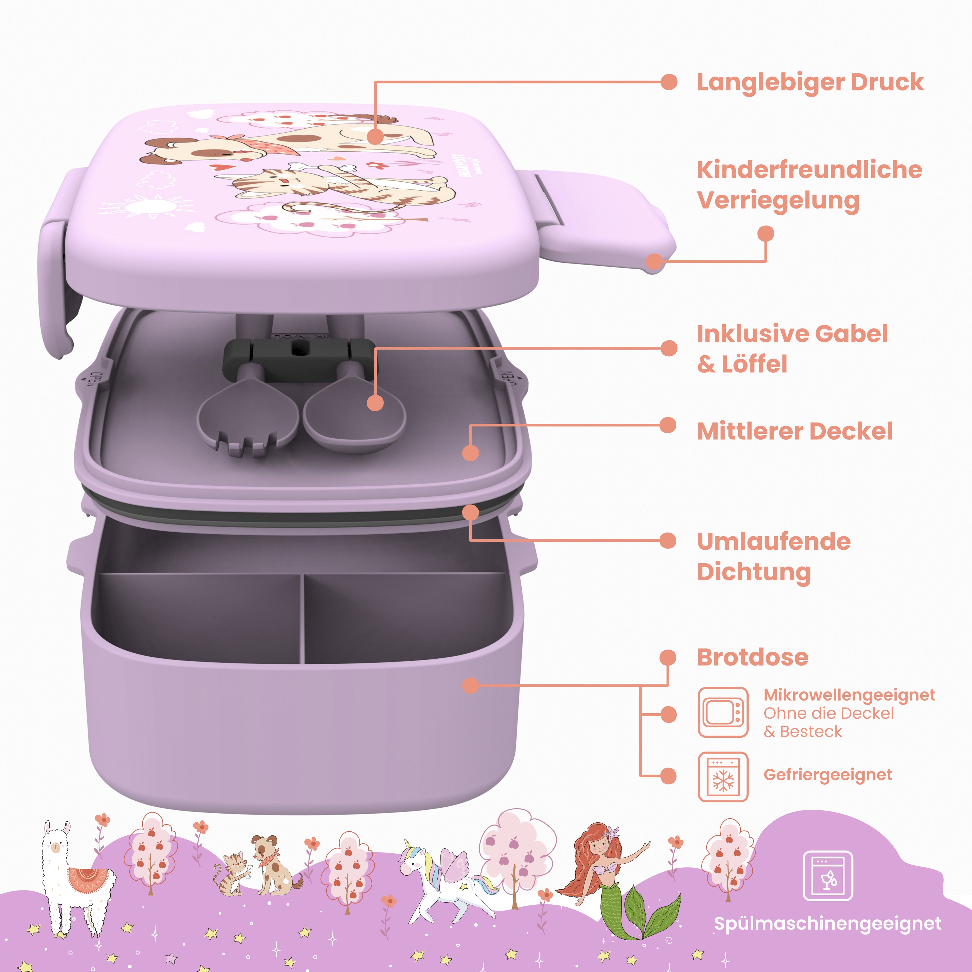 Brotdose Kinder Fächern, leicht & auslaufsicher - Hund Katze