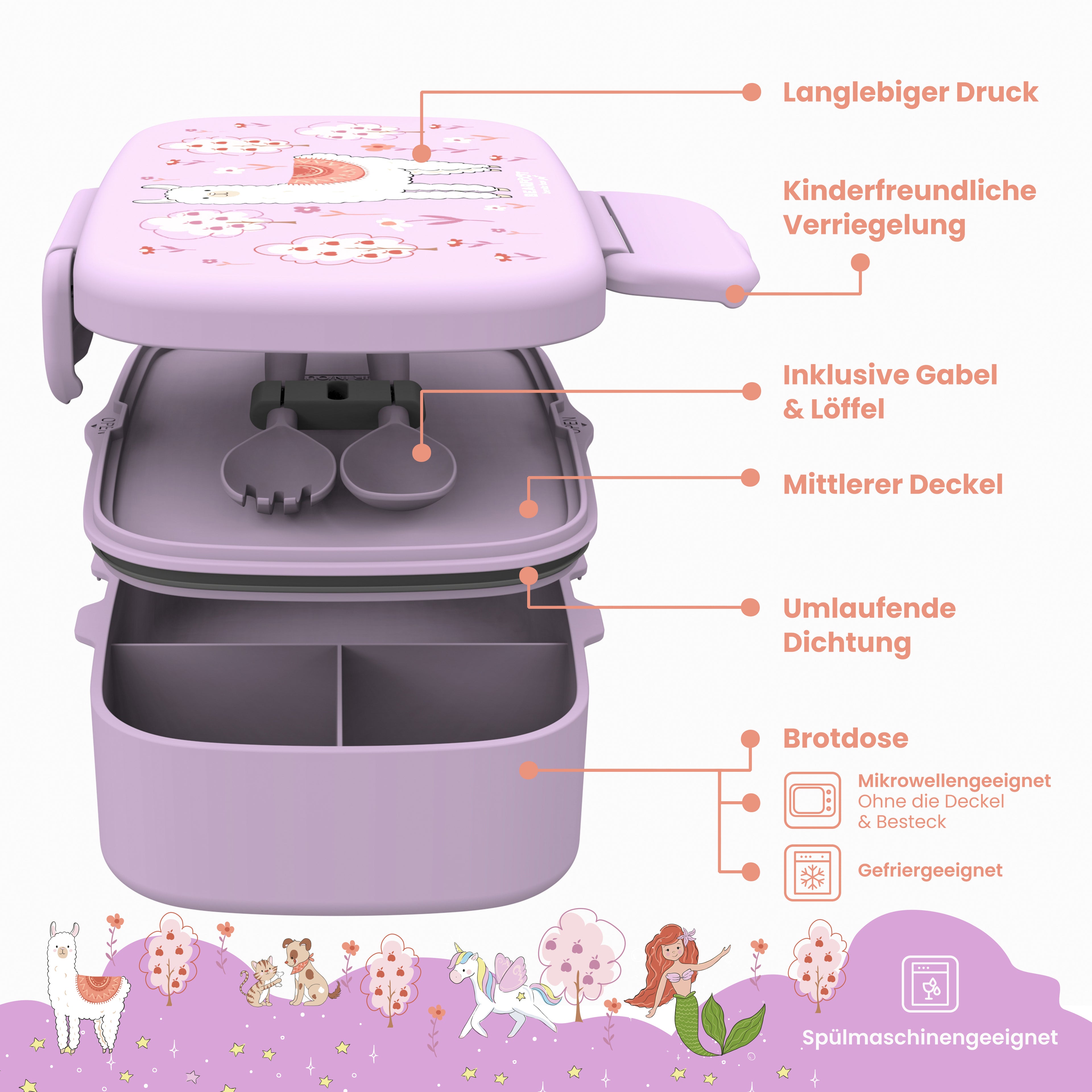 Brotdose Kinder mit Fächern, leicht & auslaufsicher - Lama