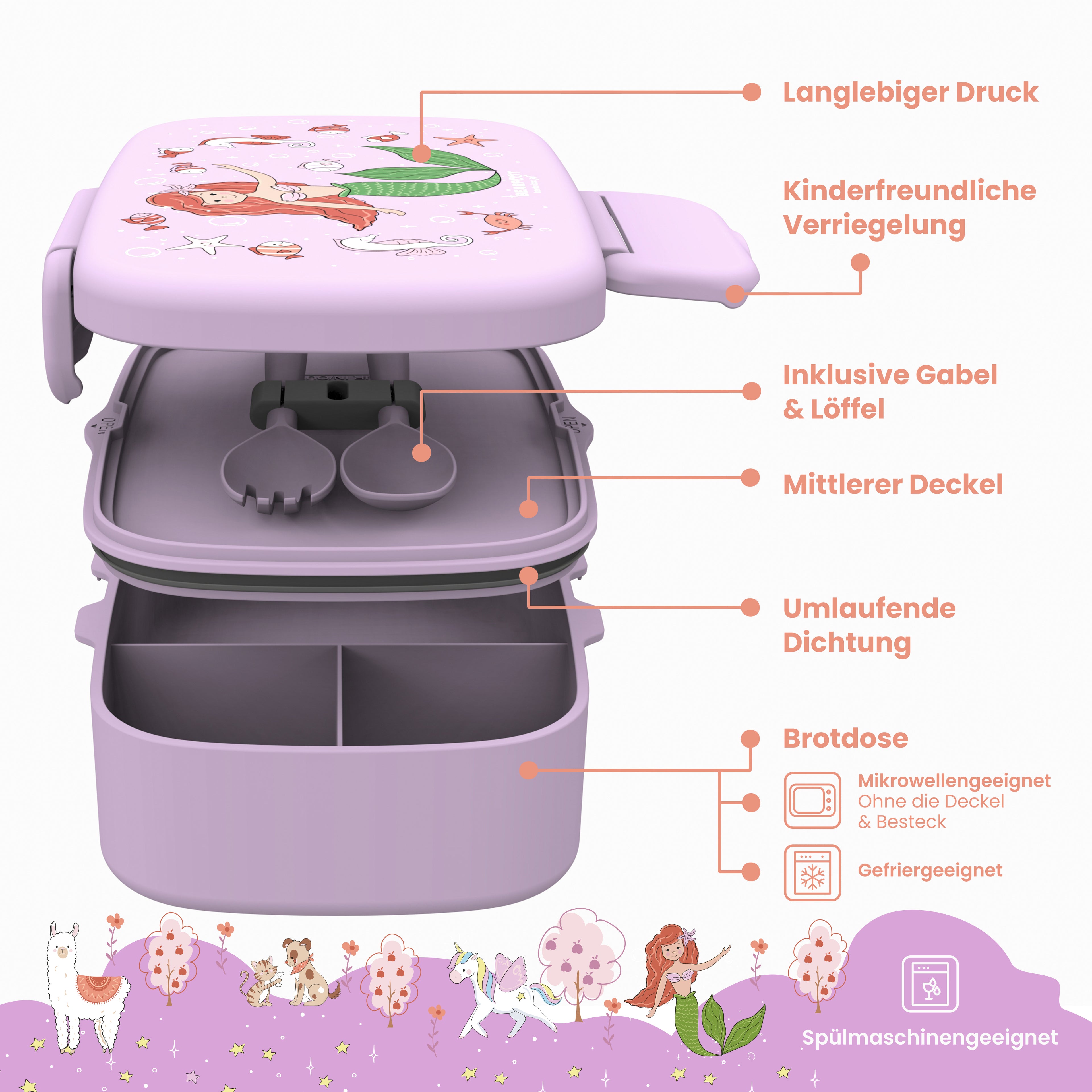 Brotdose Kinder Fächern,leicht & auslaufsicher- Meerjungfrau
