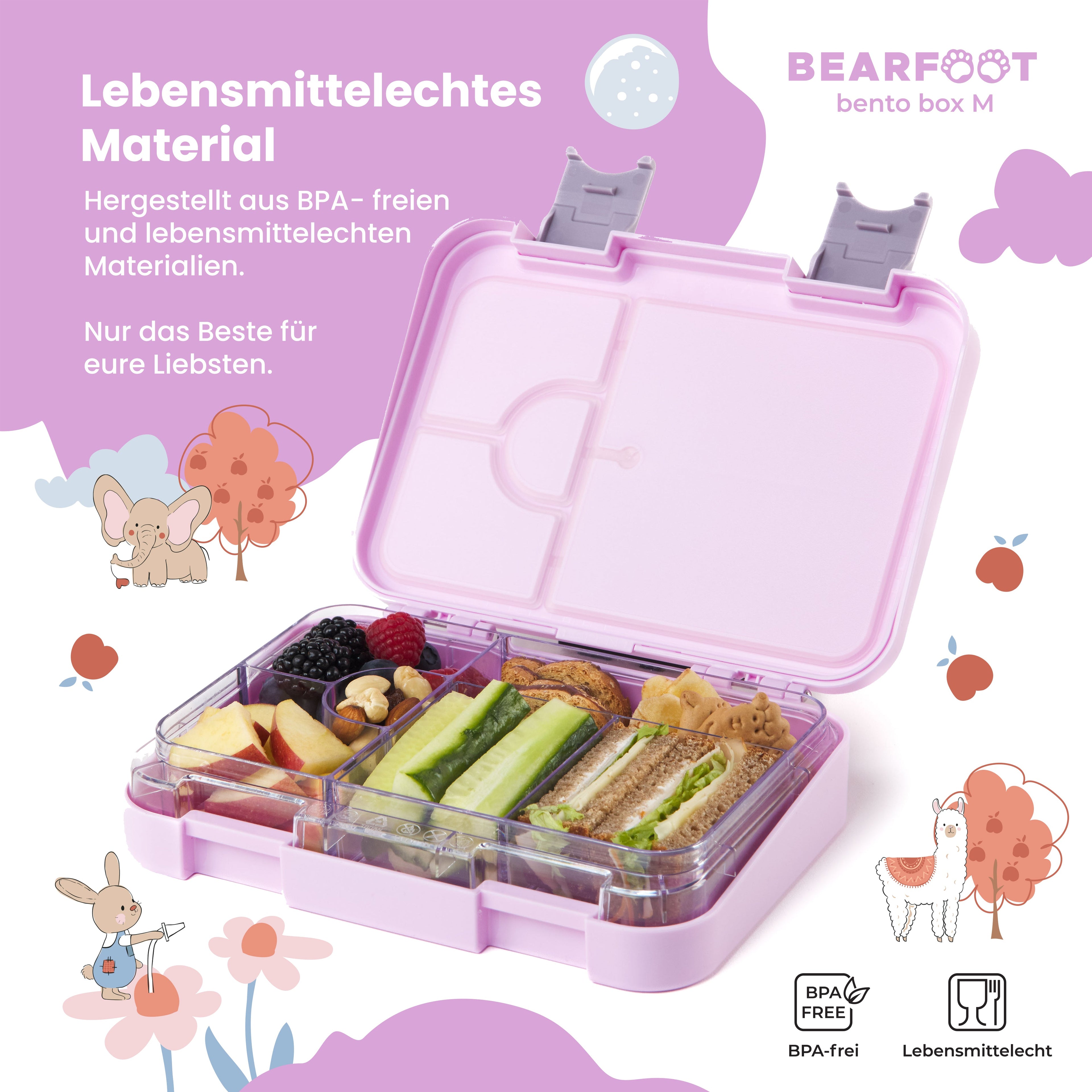 Brotdose Kinder mit Fächern, Lunchbox, Bento box - Lama Lila
