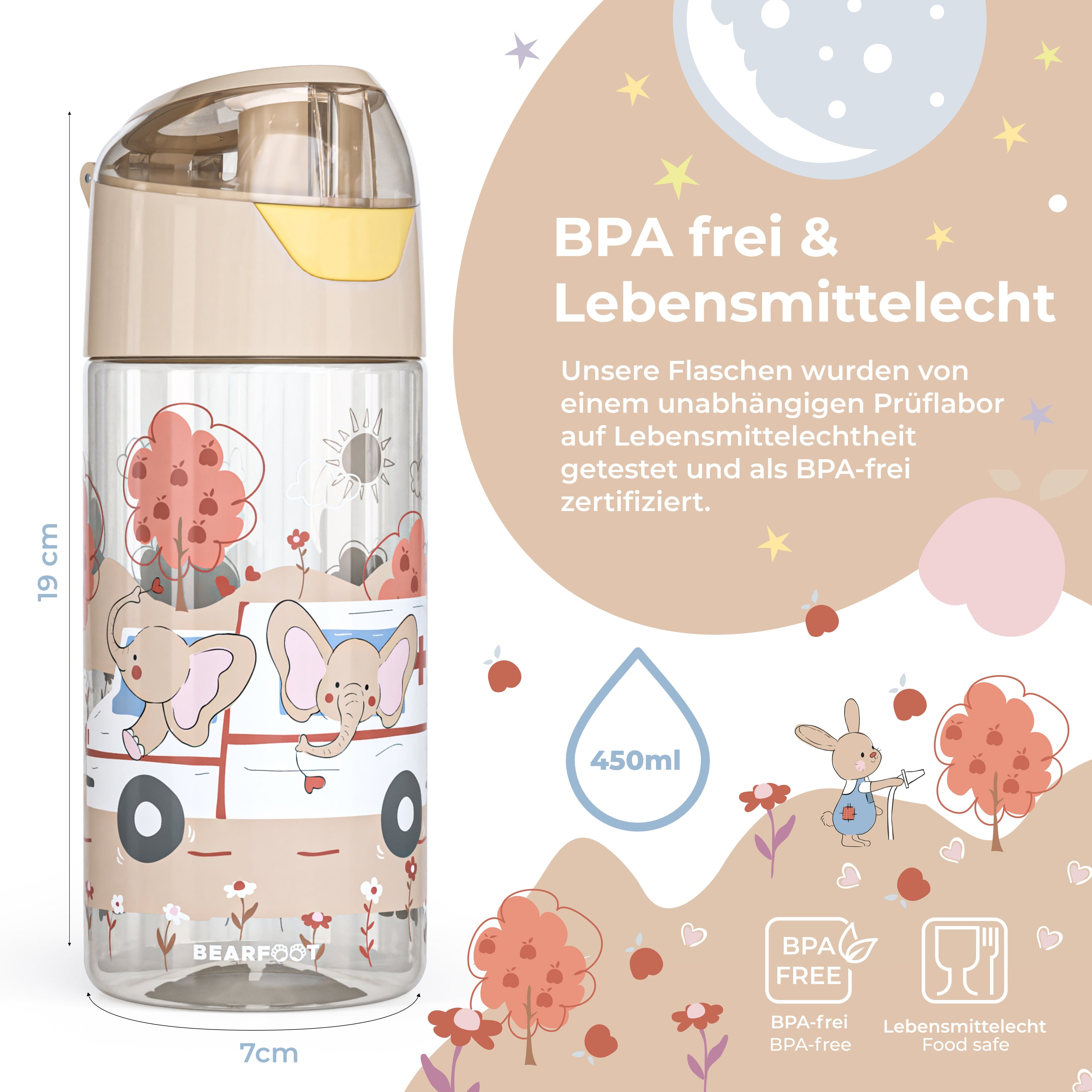 Trinkflasche Kinder, leichte Wasserflasche - Elefanten