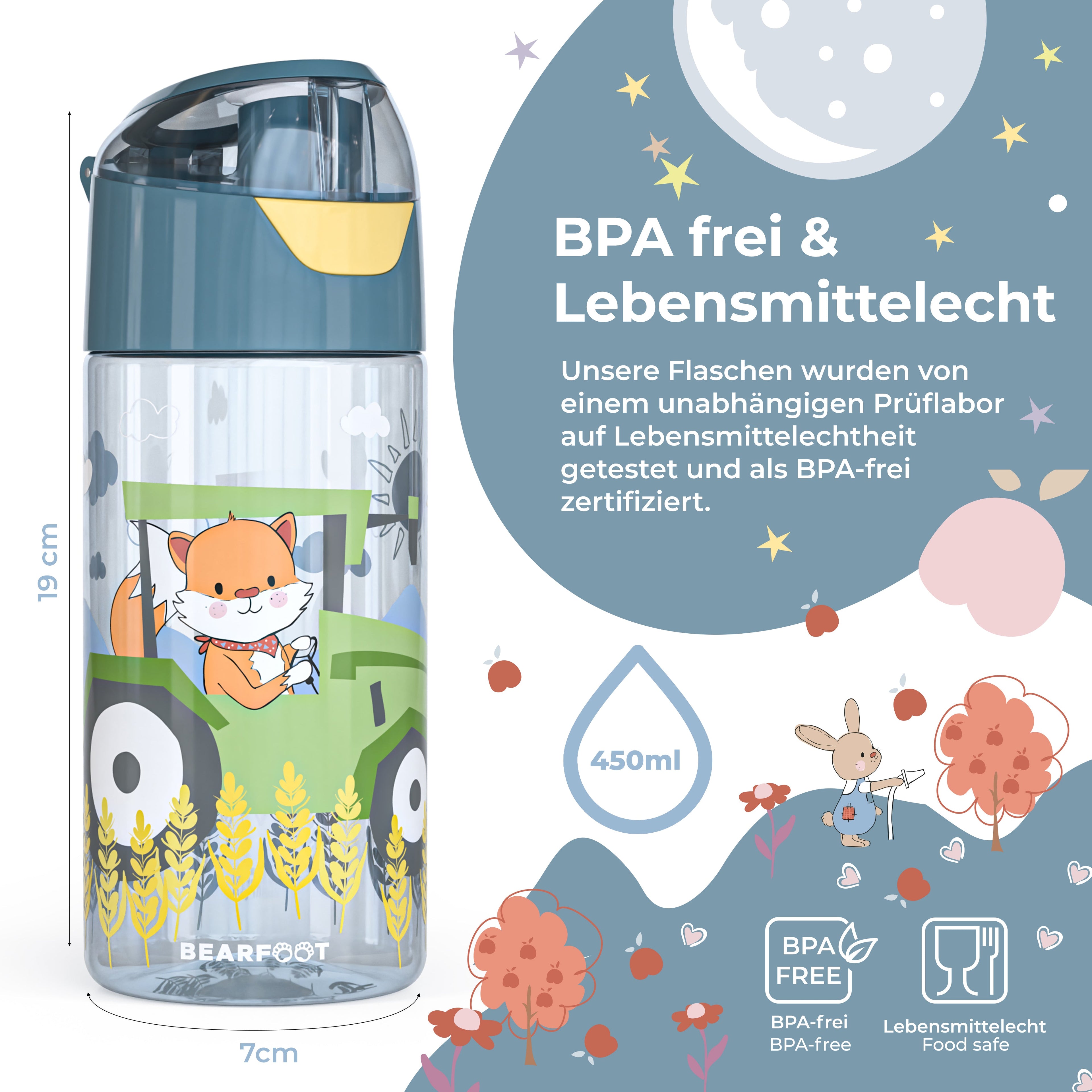 Trinkflasche Kinder, leichte Wasserflasche - Traktor Fuchs