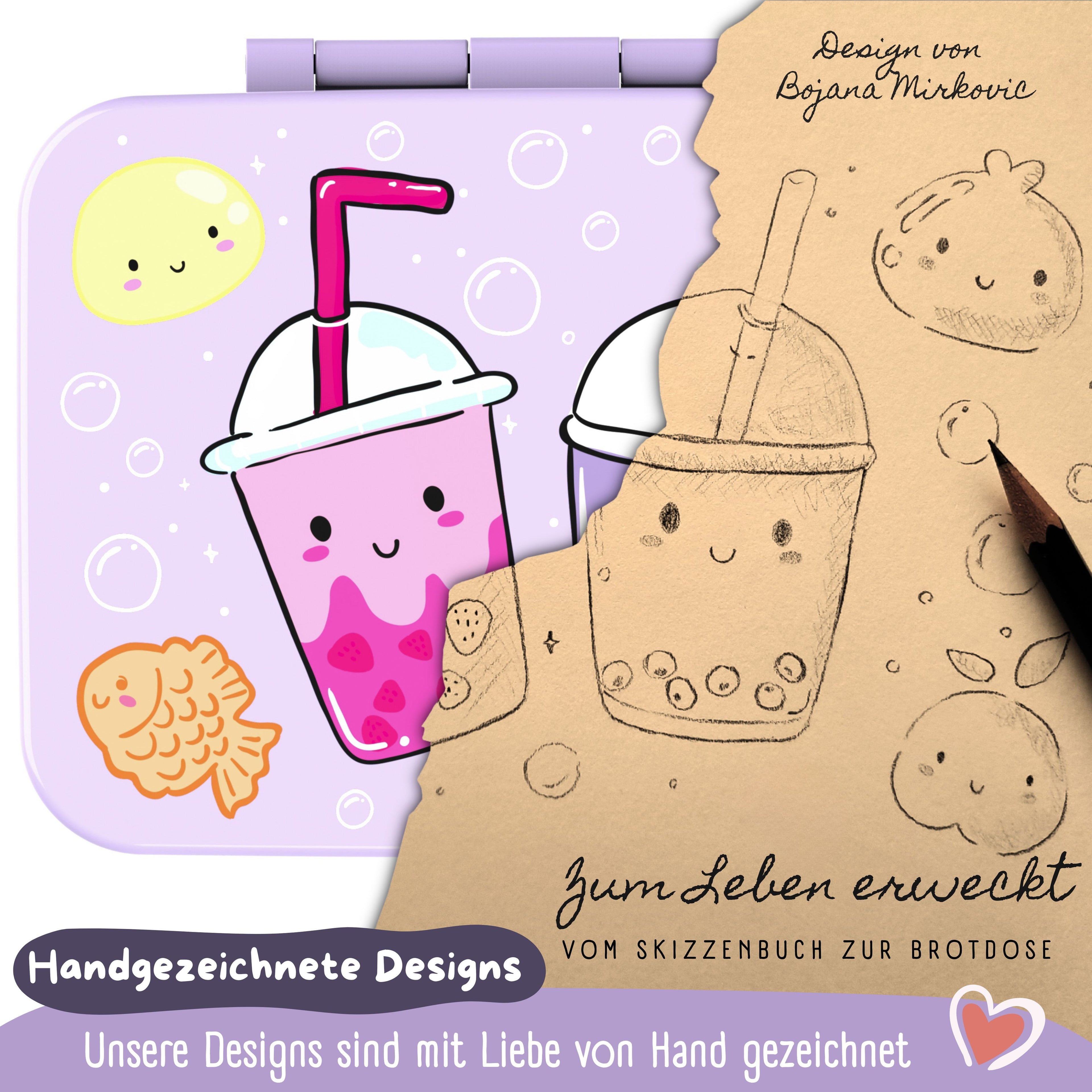 Brotdose mit Fächern, leicht & auslaufsicher-BubbleTea lila