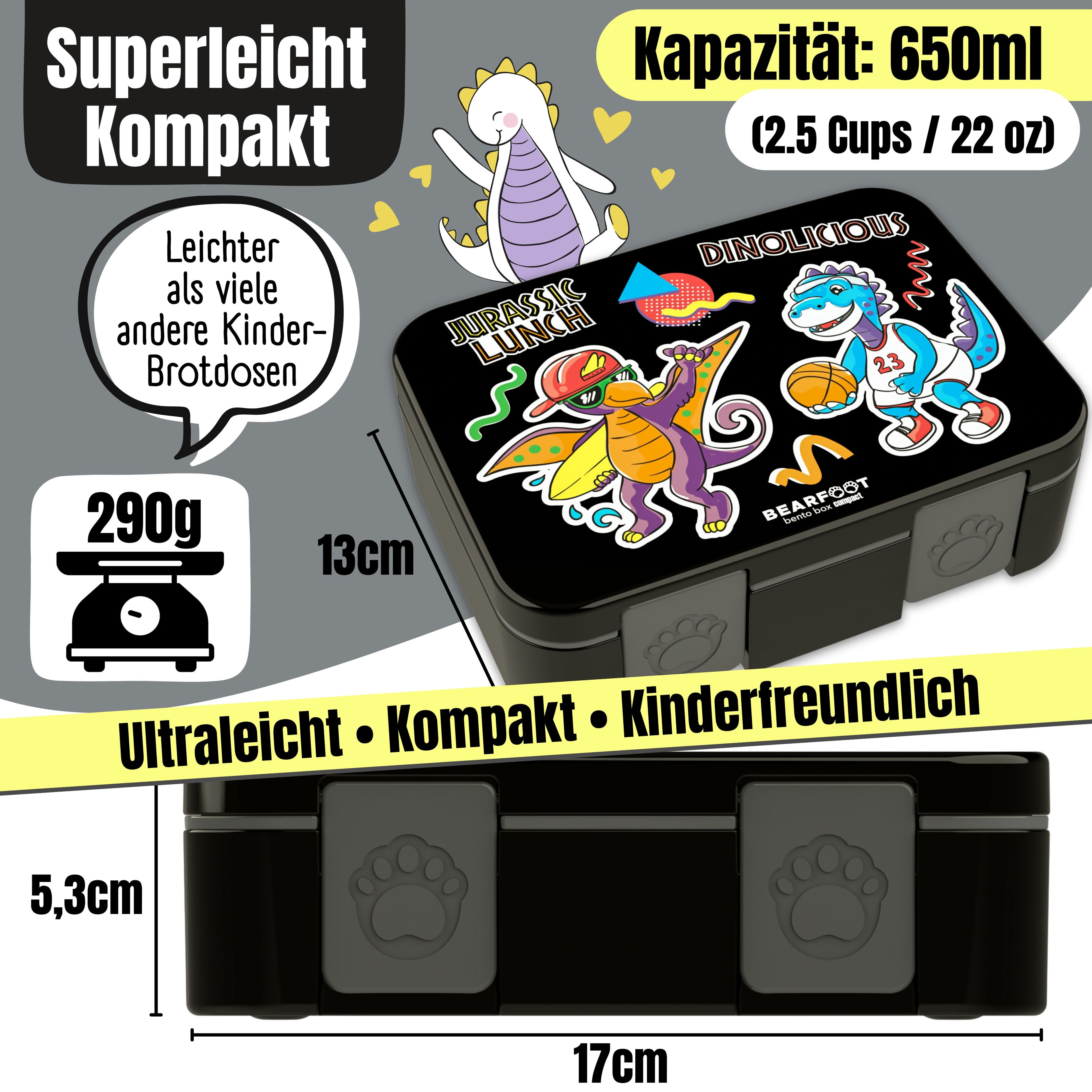 Brotdose mit Fächern, leicht & auslaufsicher - Dinos schwarz
