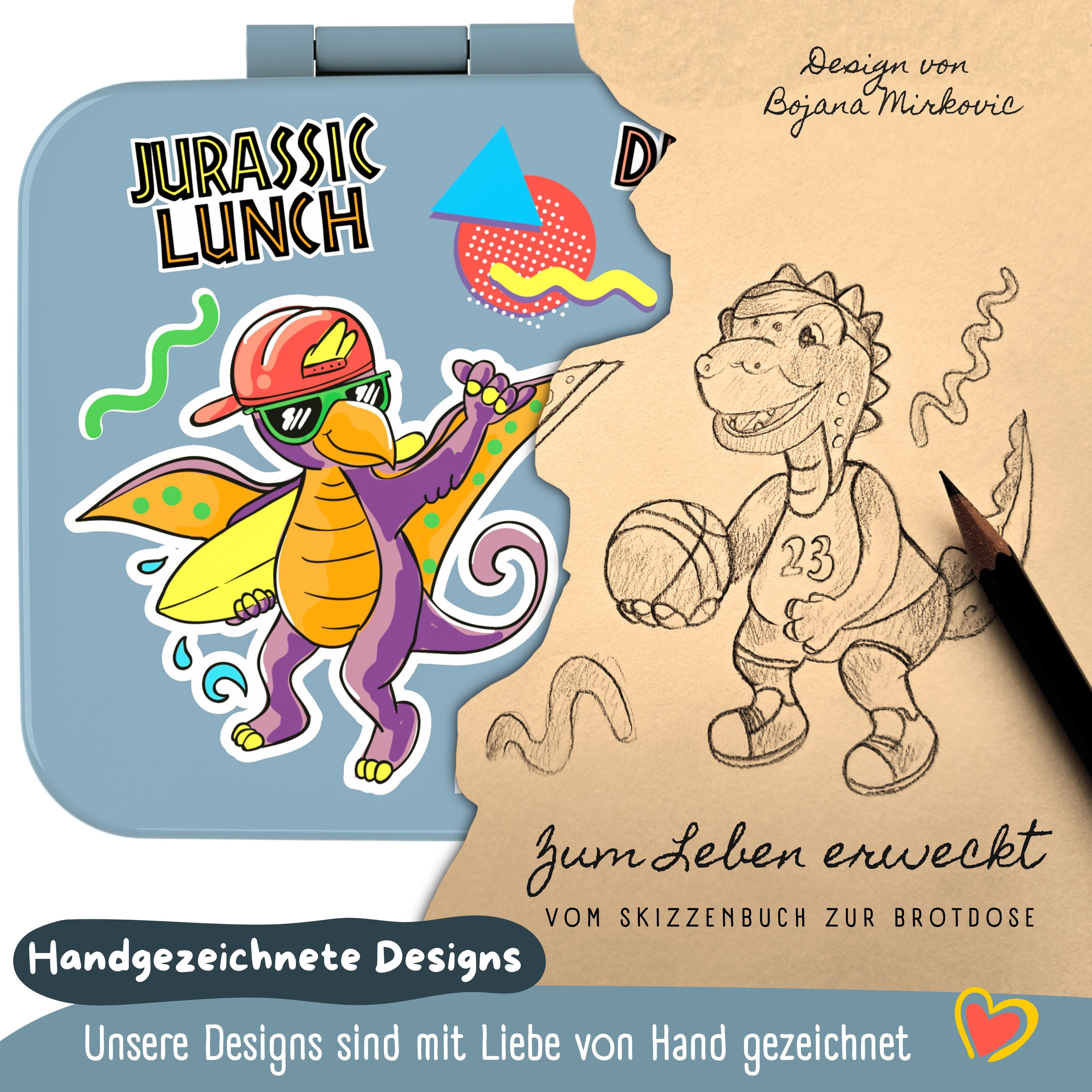 Brotdose mit Fächern, leicht & auslaufsicher - Dinos blau
