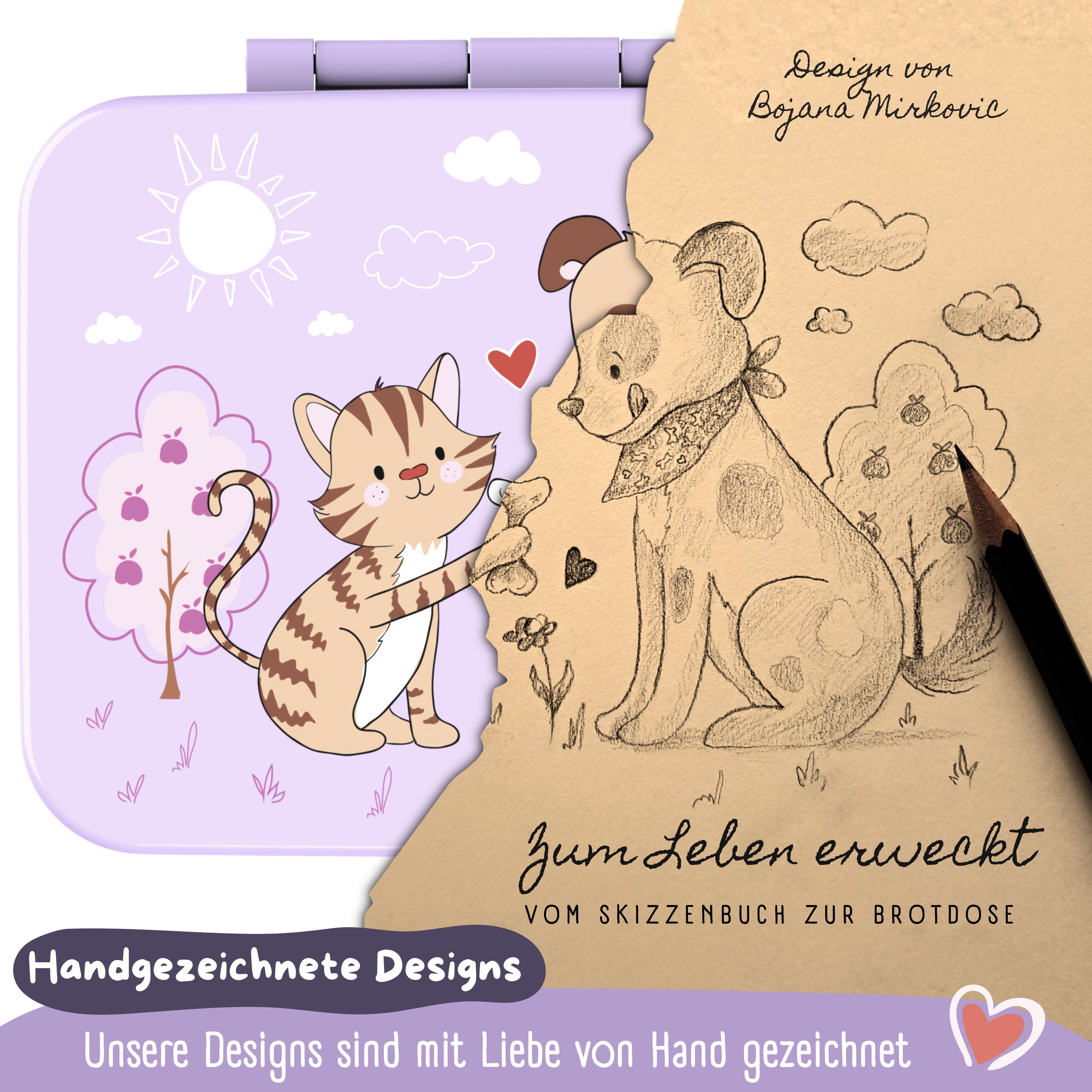 Brotdose mit Fächern, auslaufsicher - Hund & Katze lila